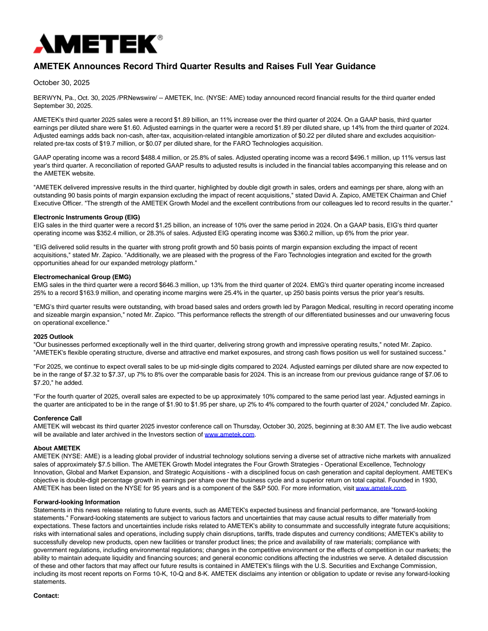 AMETEK's Q3 2025 Earnings Release