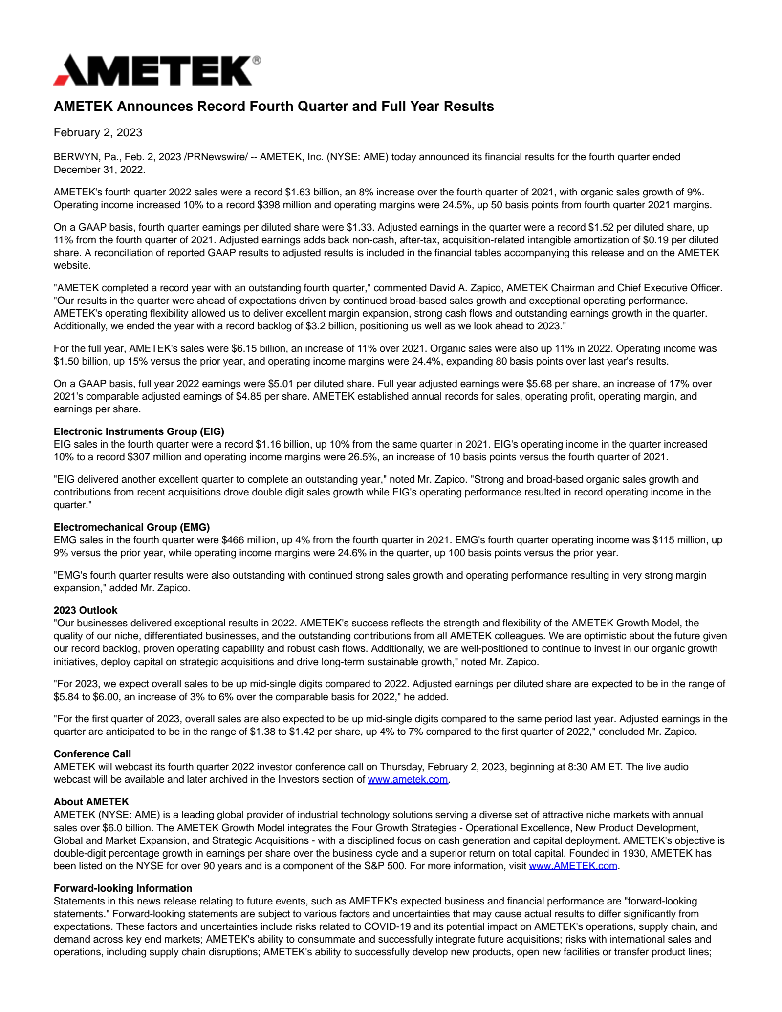 AMETEK's Q4 2022 Earnings Release