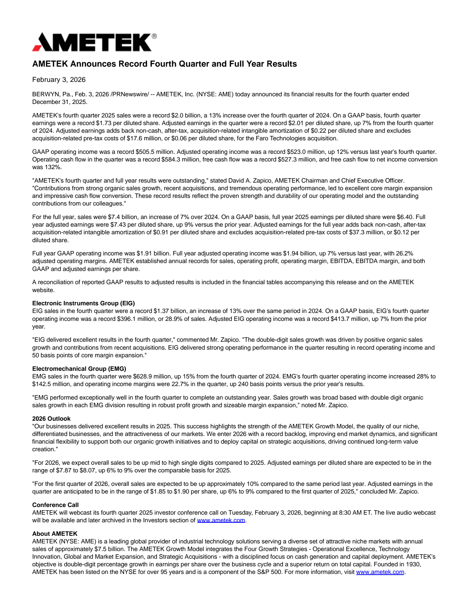 AMETEK's Q4 2025 Press Release
