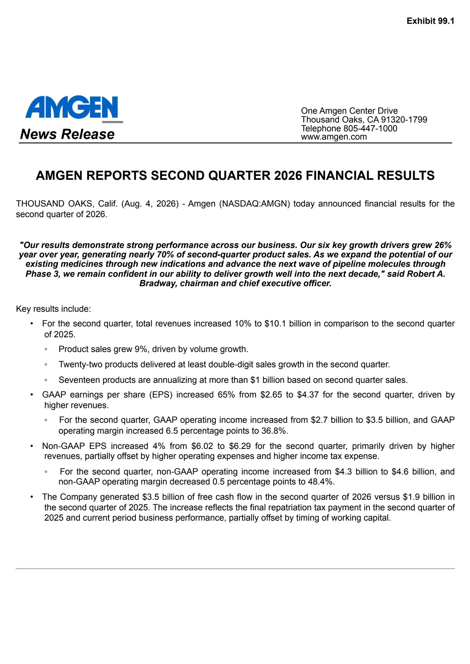 Amgen's Q2 2026 Press Release