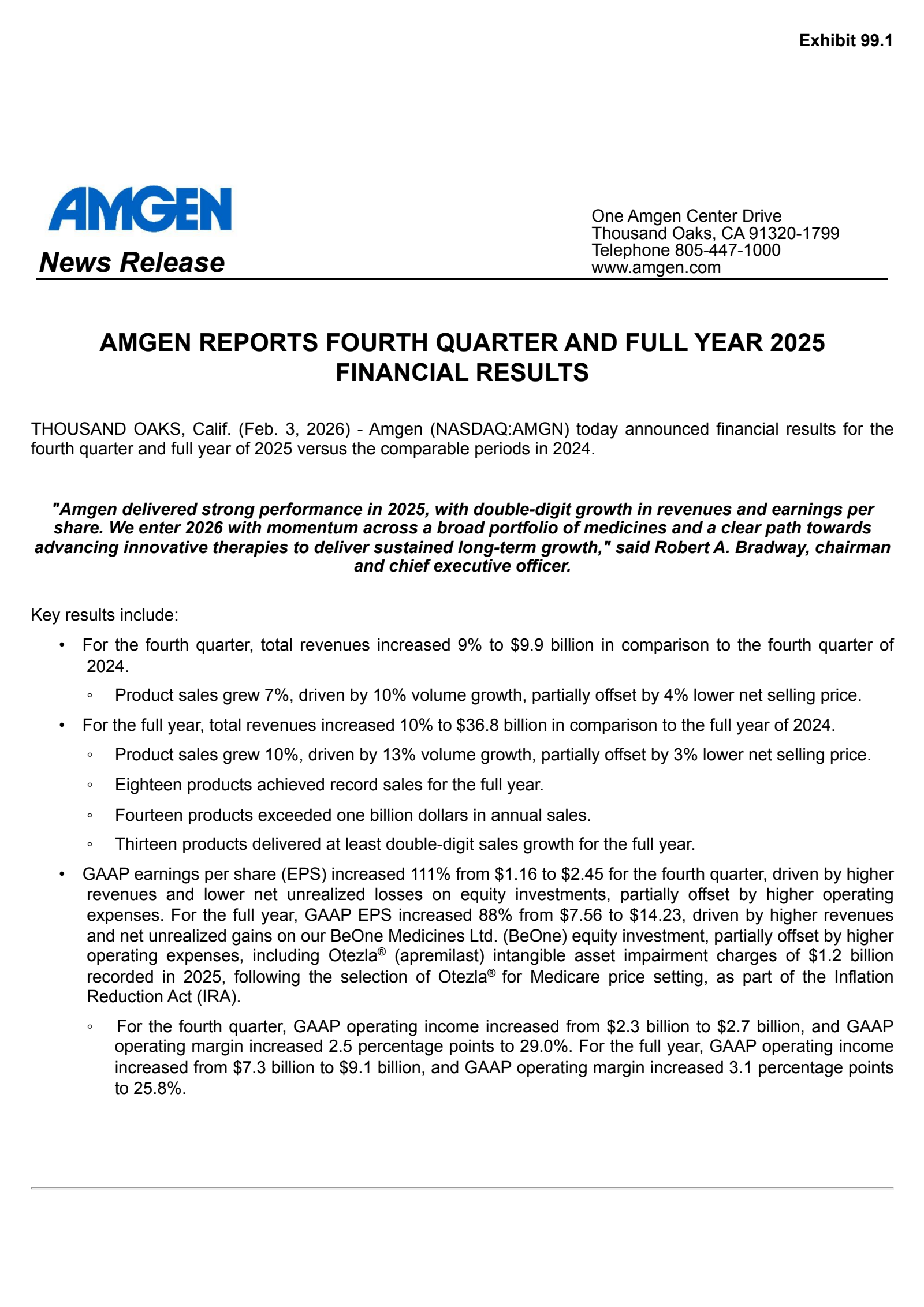 Amgen's Q4 2025 Press Release