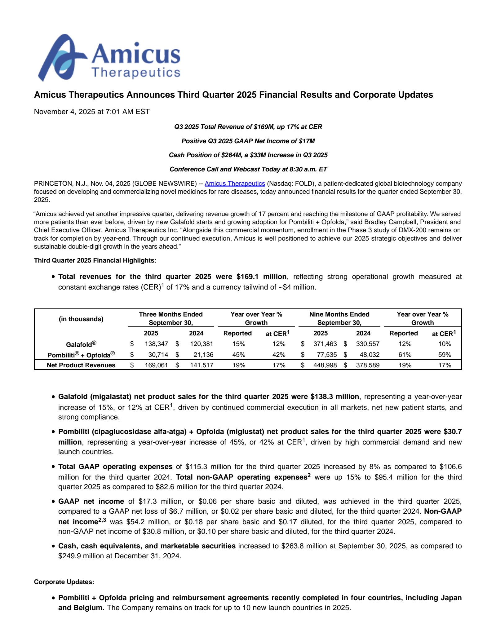 Amicus Therapeutics' Q3 2025 Earnings Release
