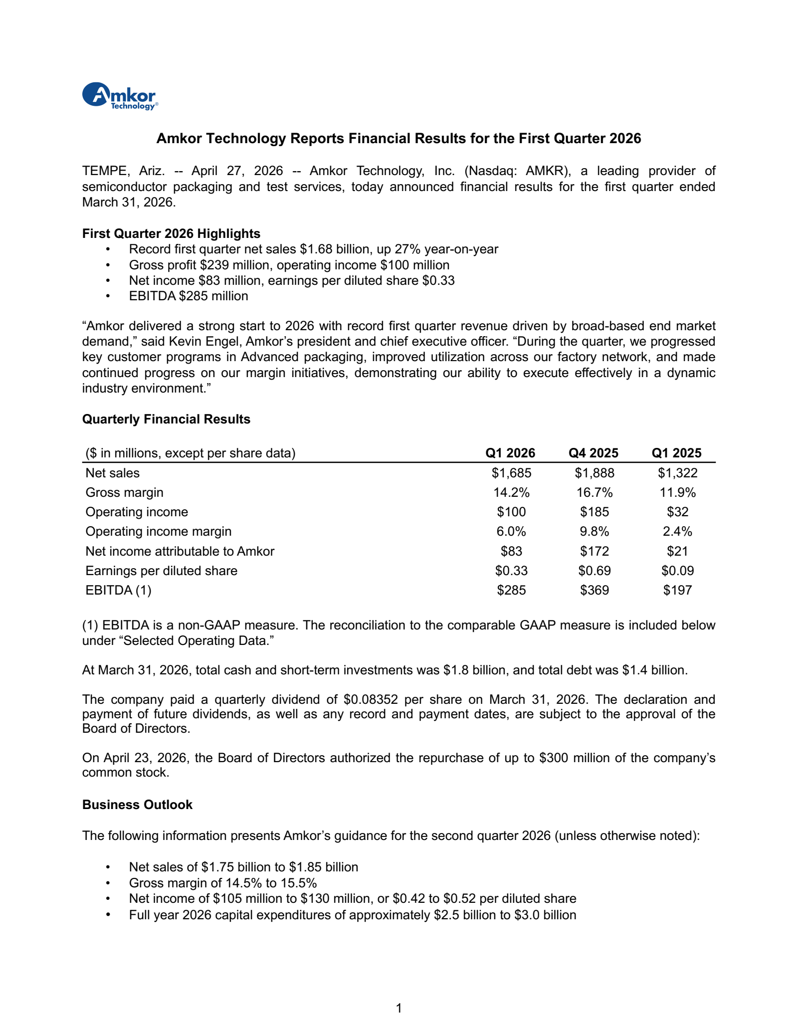 Amkor Technology's Q1 2026 Press Release