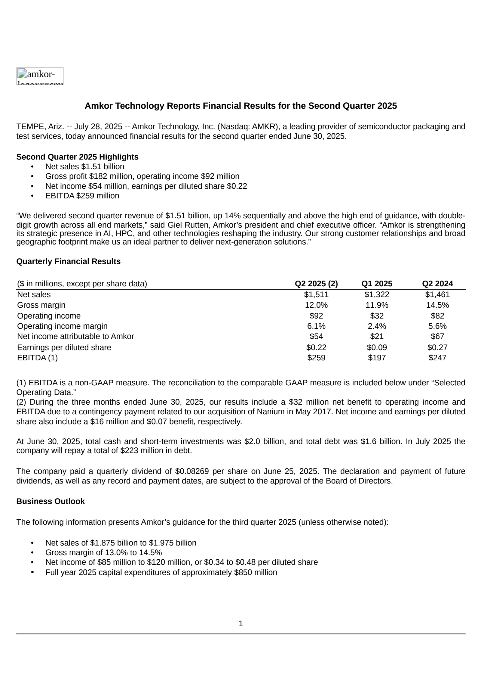 Amkor Technology's Q2 2025 Press Release