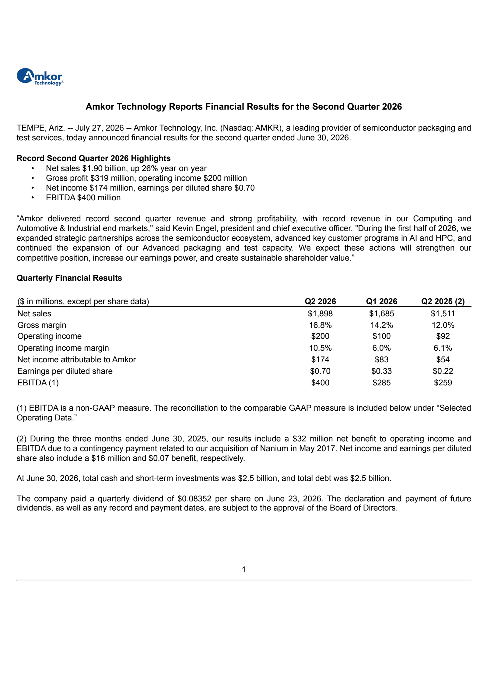 Amkor Technology's Q2 2026 Press Release