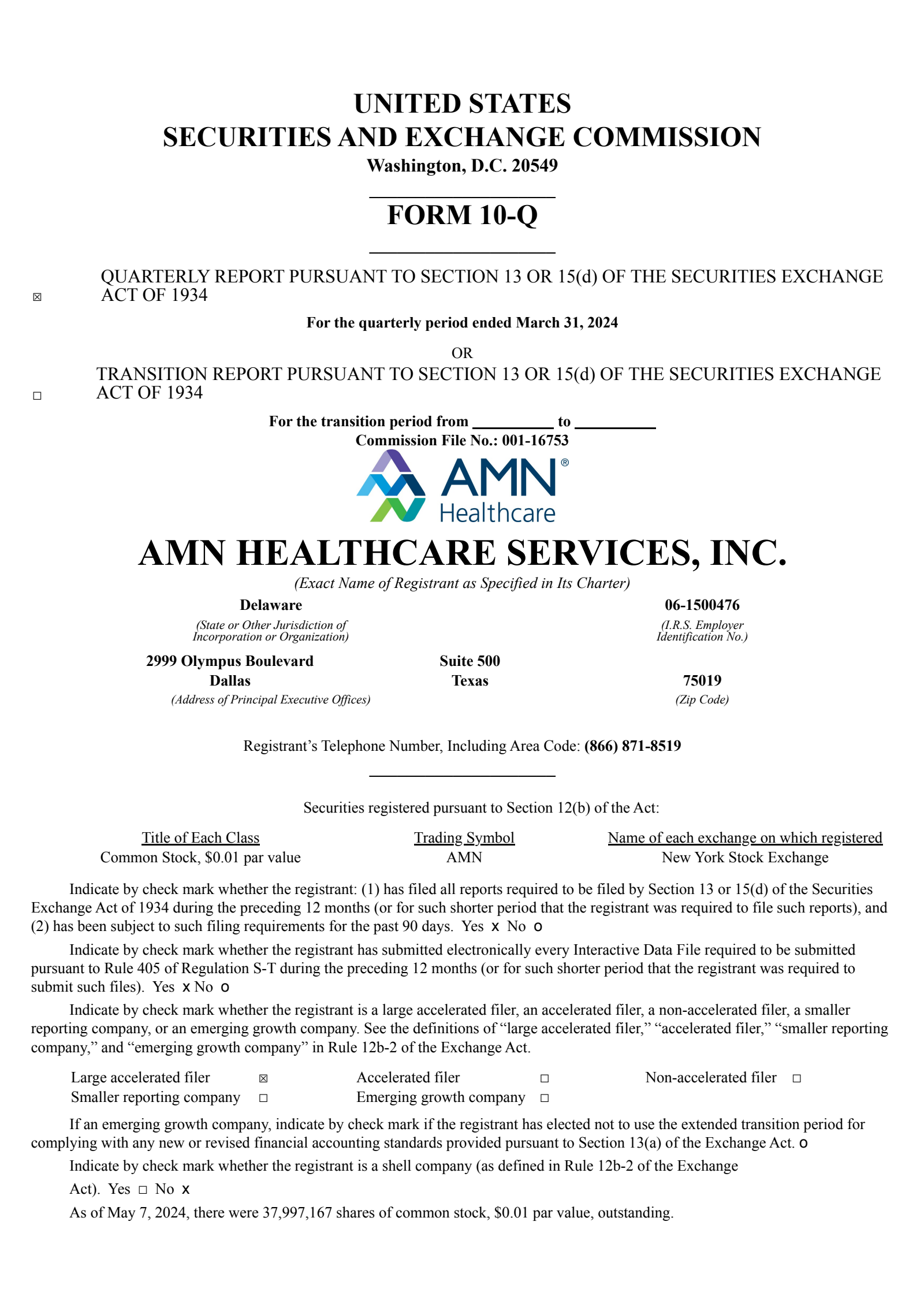 Amn Cfo AMN Q1 2024 Earnings Report on 5/9/2024
