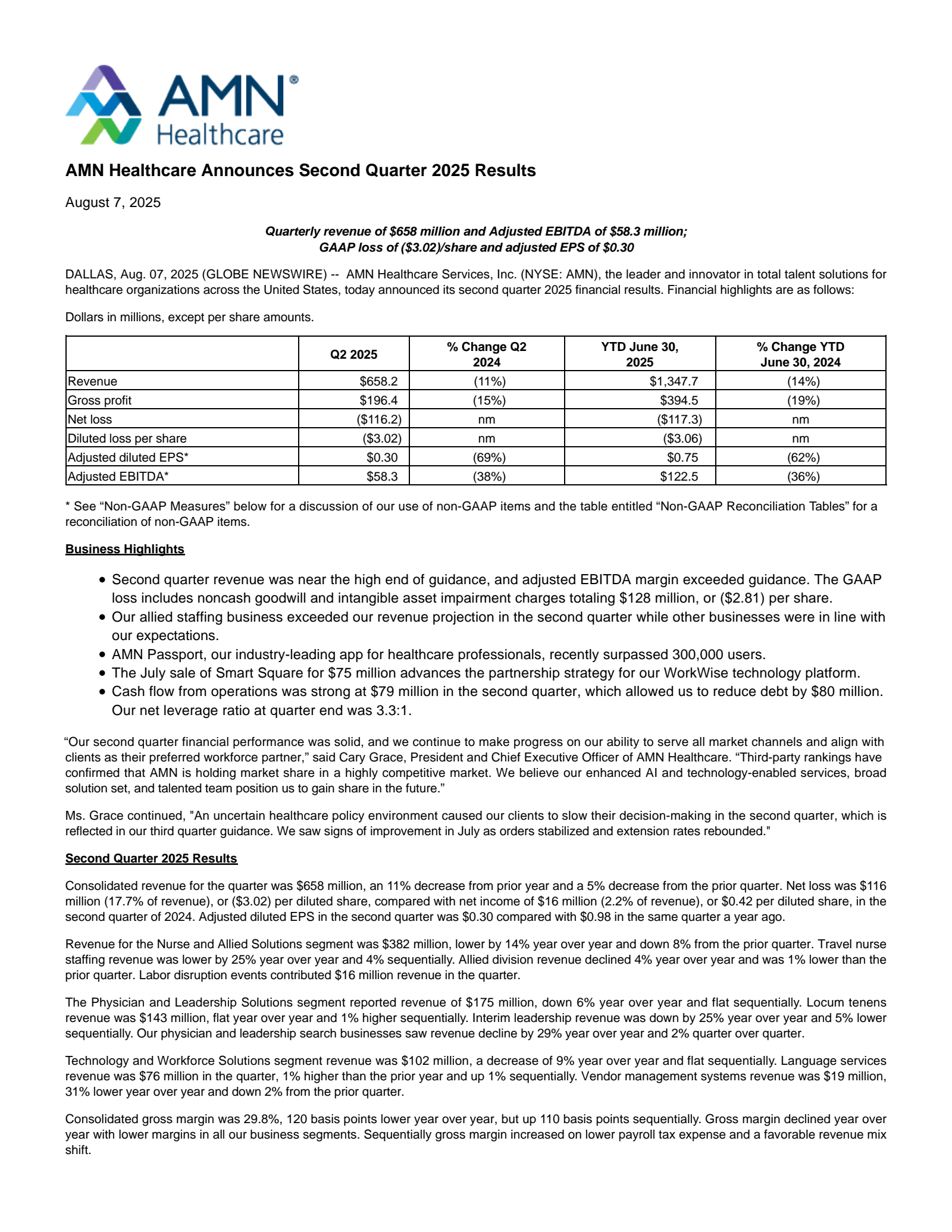 AMN Healthcare Services' Q2 2025 Press Release