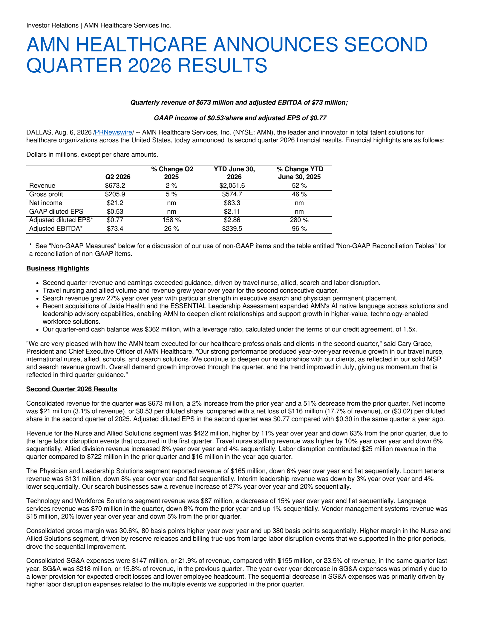 AMN Healthcare Services' Q2 2026 Press Release