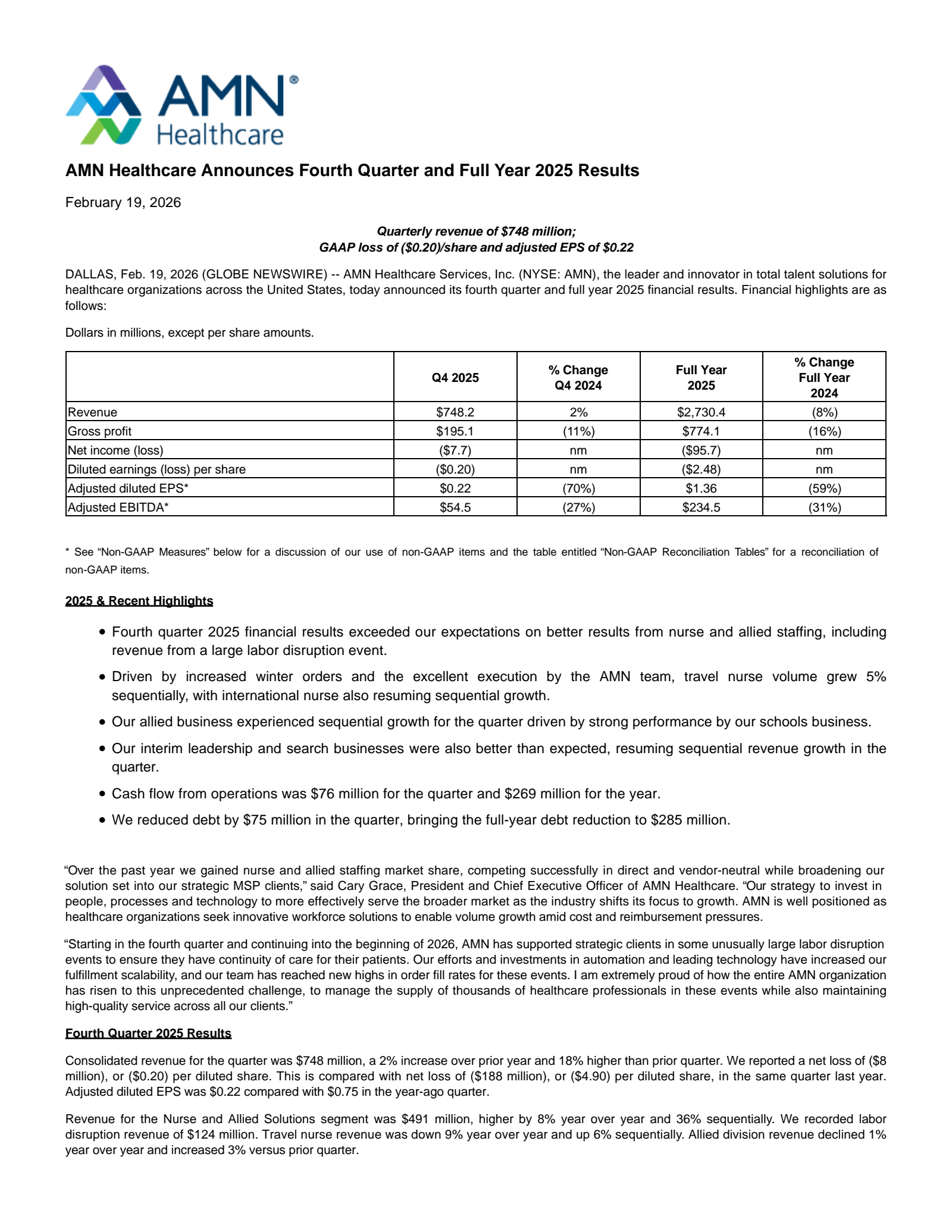 AMN Healthcare Services' Q4 2025 Press Release