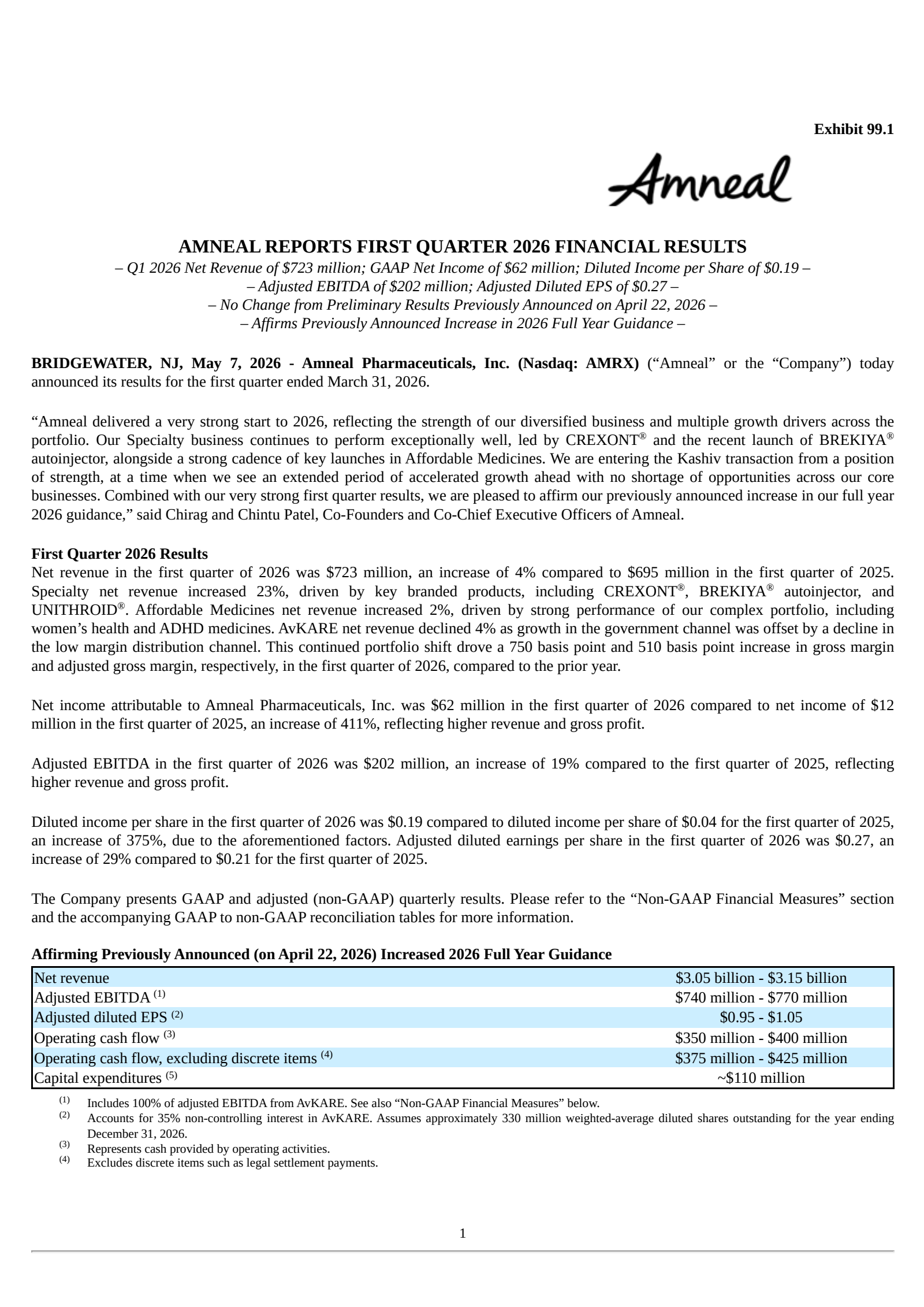 Amneal Pharmaceuticals' Q1 2026 & M&A announcement Press Release