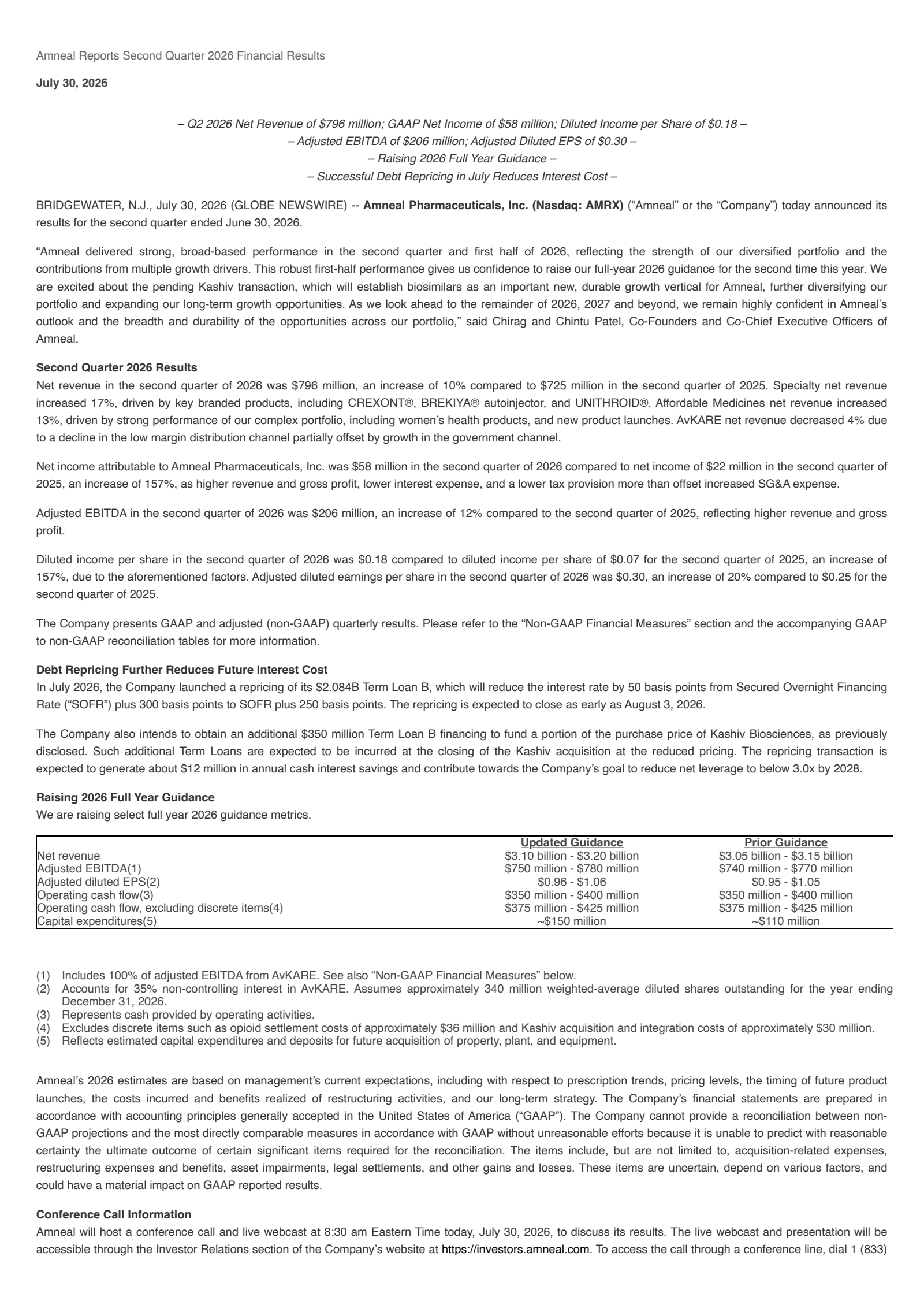 Amneal Pharmaceuticals' Q2 2026 Press Release