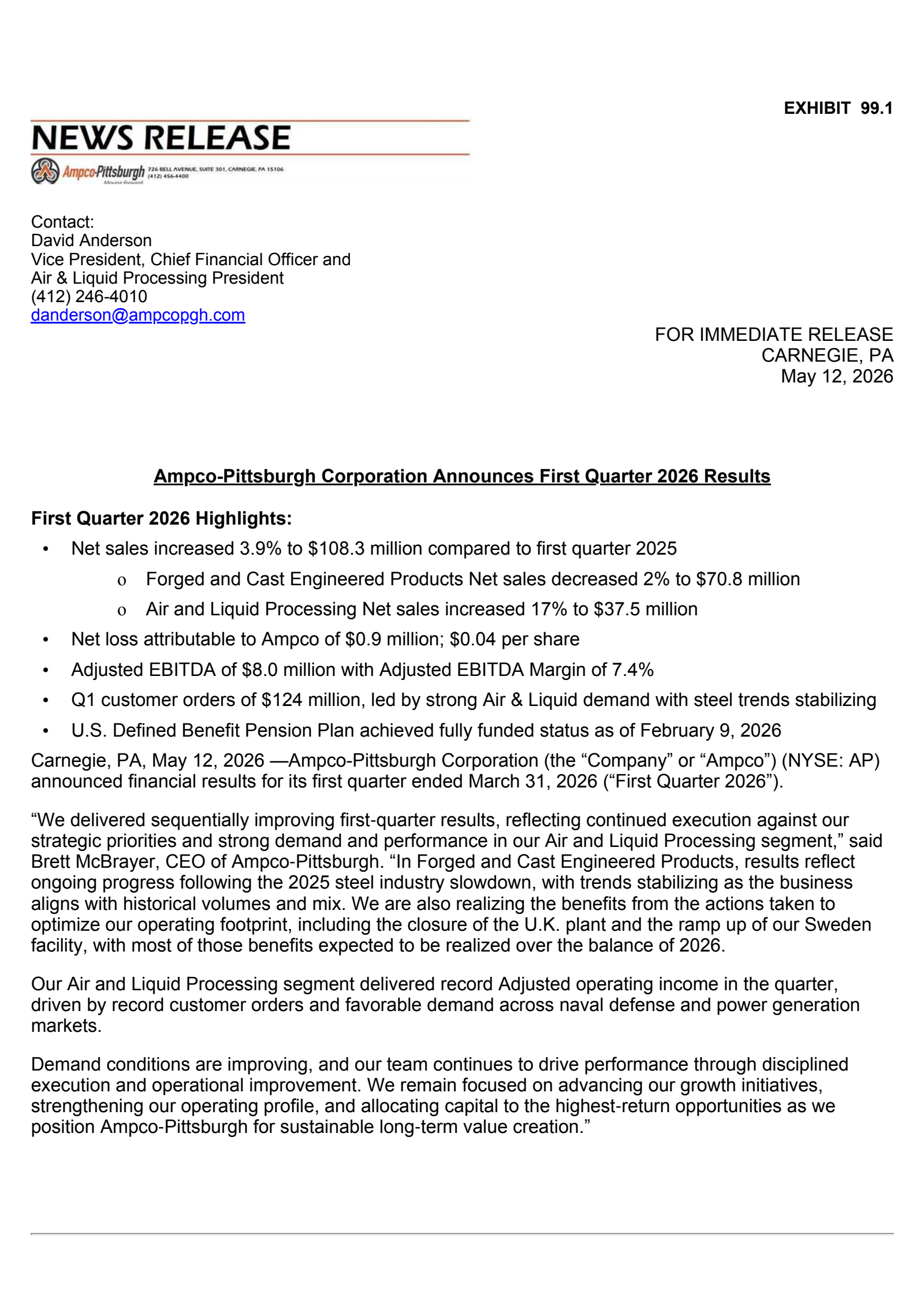 Ampco-Pittsburgh's Q1 2026 Press Release