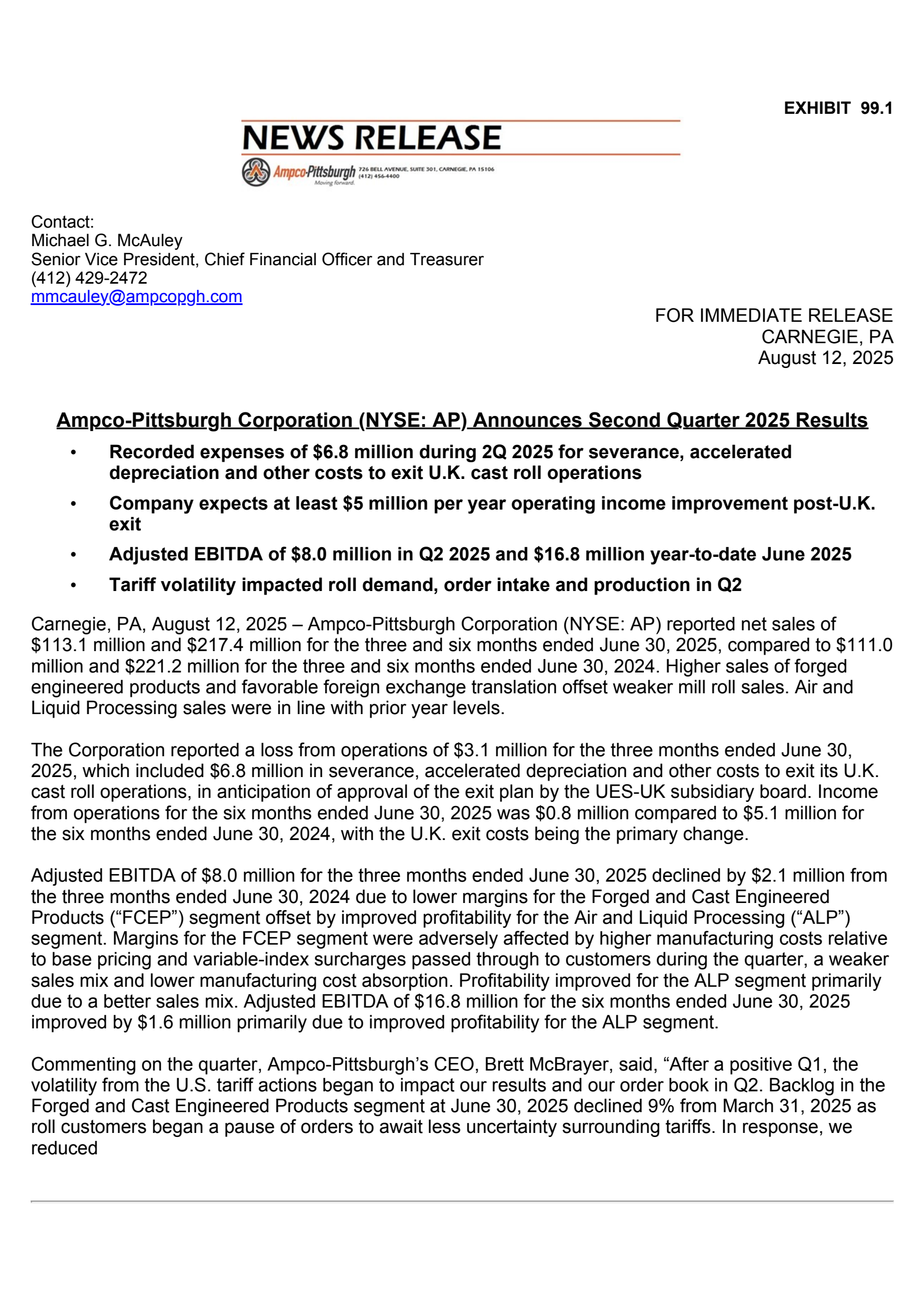 Ampco-Pittsburgh's Q2 2025 Press Release