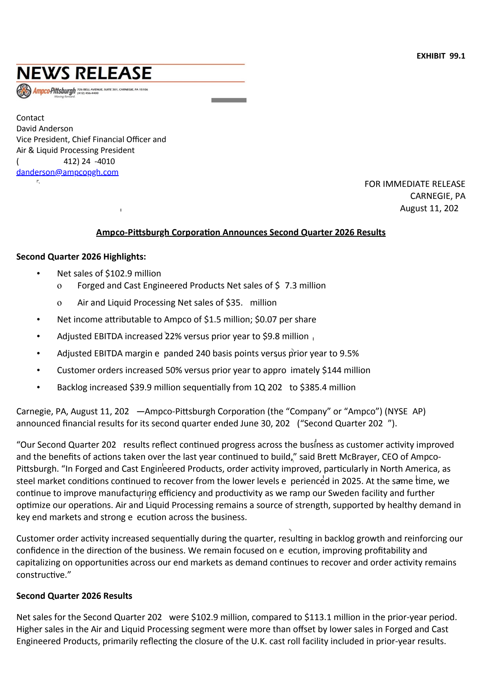 Ampco-Pittsburgh's Q2 2026 Press Release
