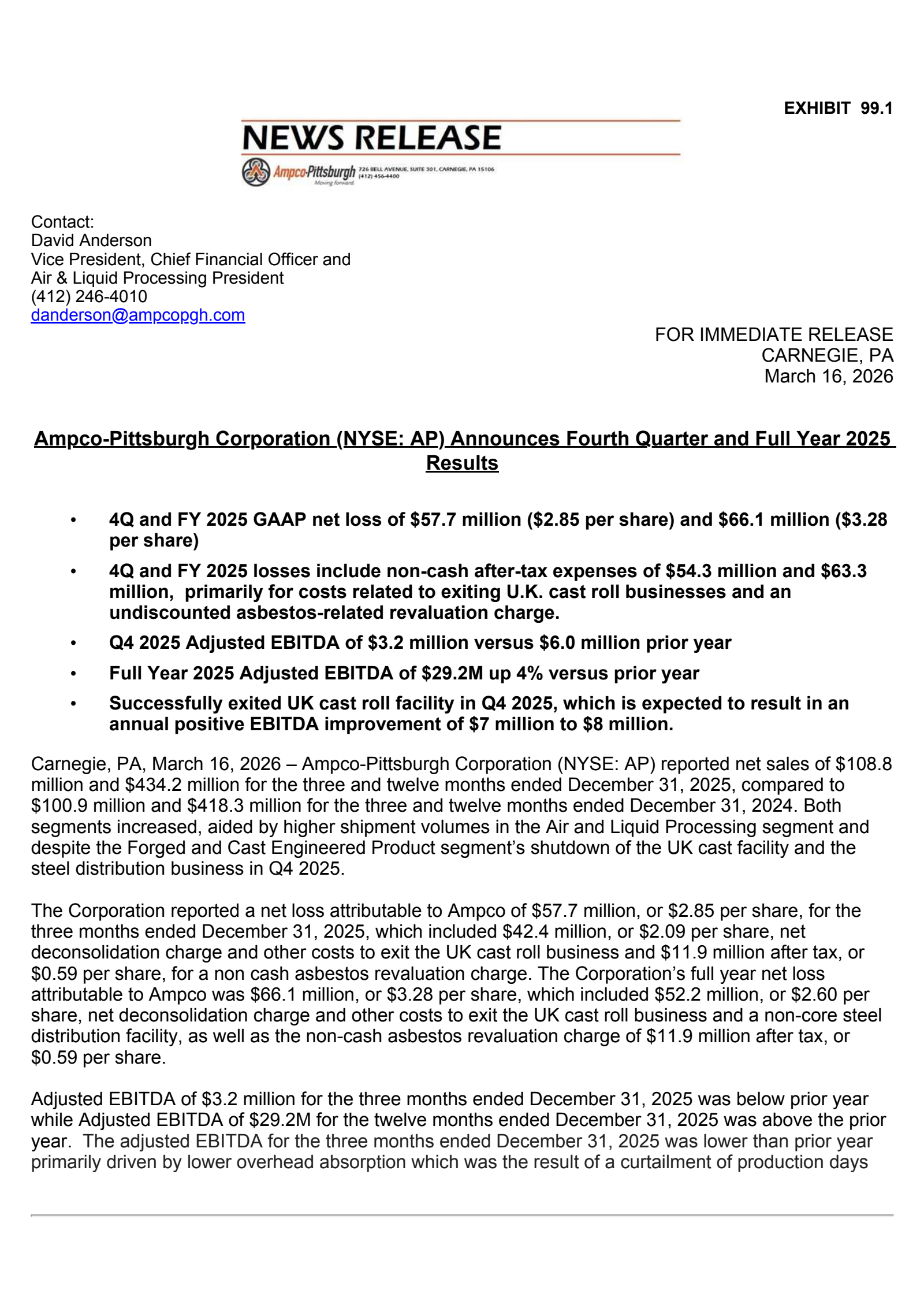 Ampco-Pittsburgh's Q4 2025 Press Release