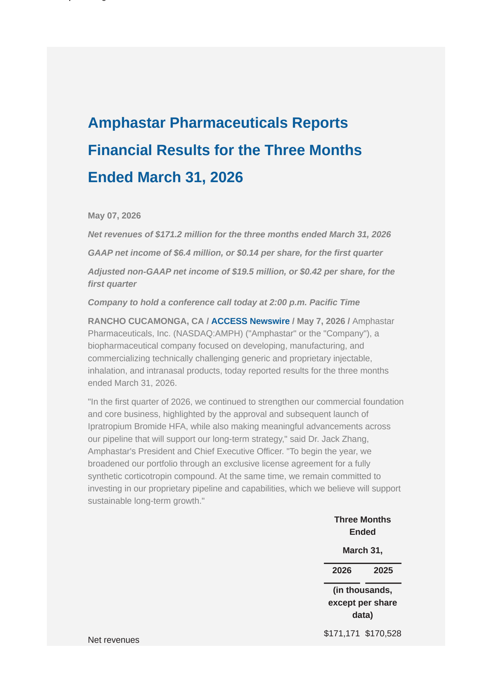 Amphastar Pharmaceuticals' Q1 2026 Press Release