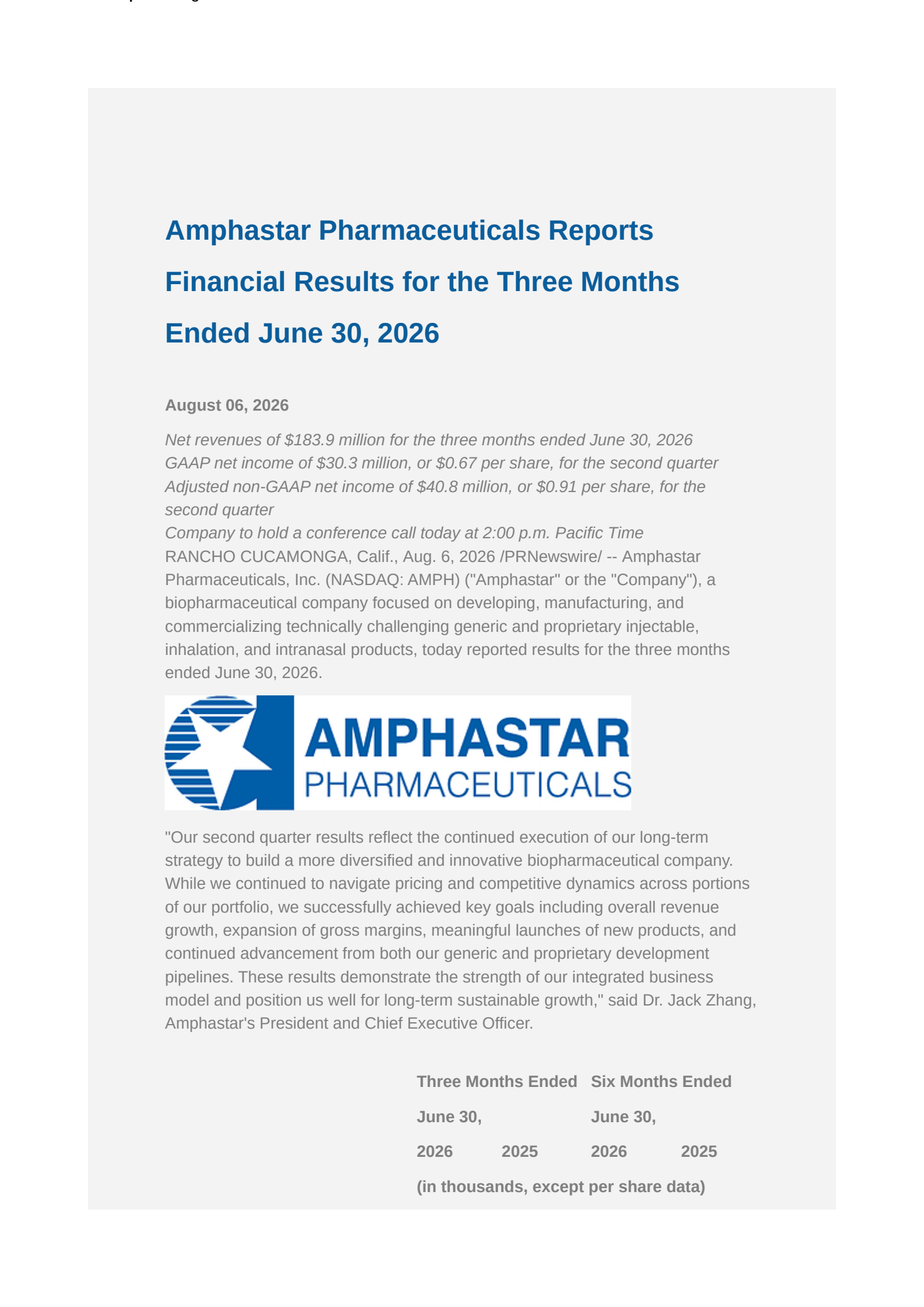 Amphastar Pharmaceuticals' Q2 2026 Press Release