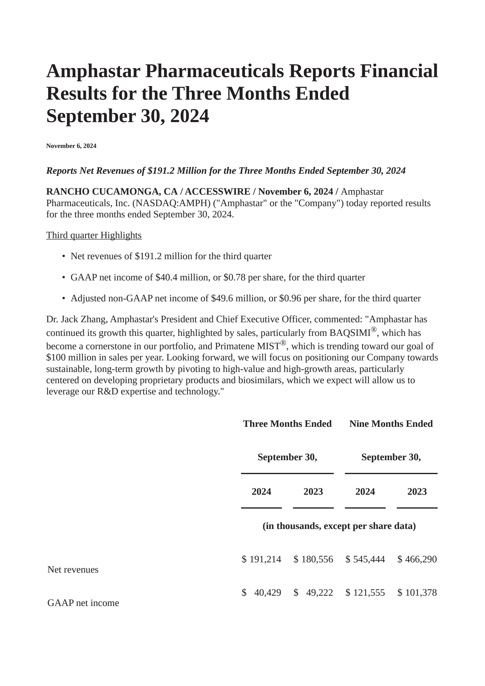 Amphastar Pharmaceuticals' Q3 2024 Press Release