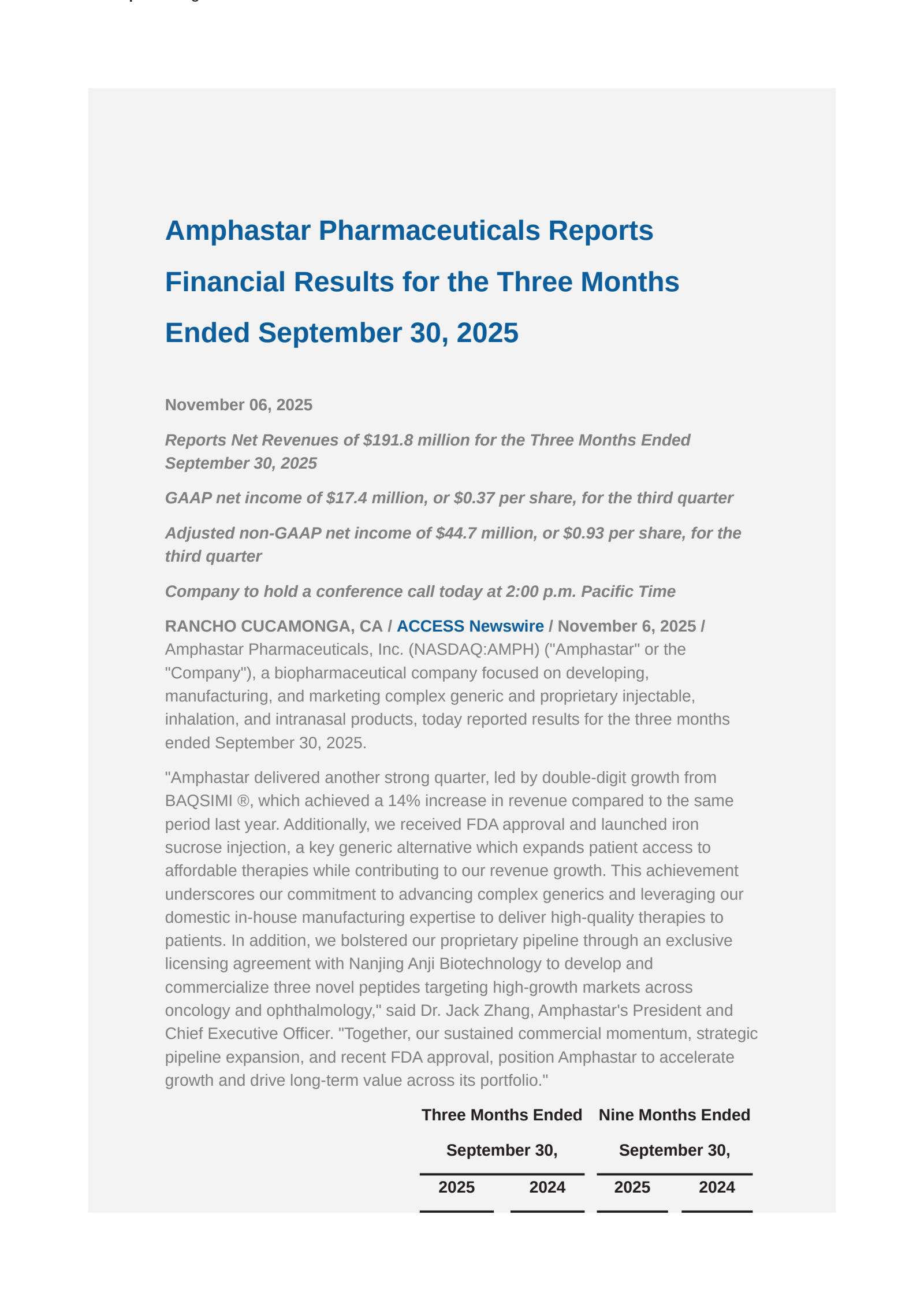 Amphastar Pharmaceuticals' Q3 2025 Earnings Release