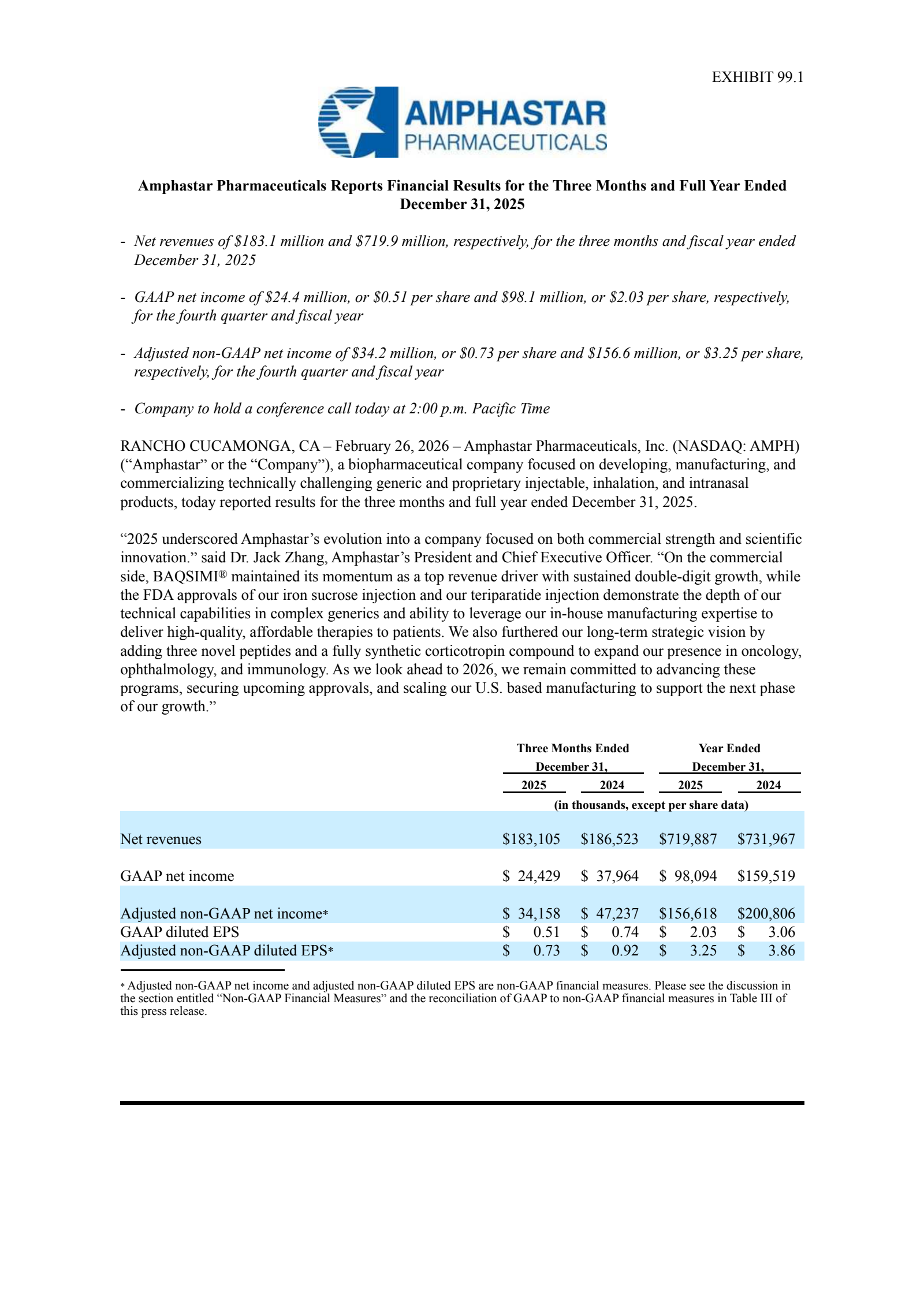 Amphastar Pharmaceuticals' Q4 2025 Press Release