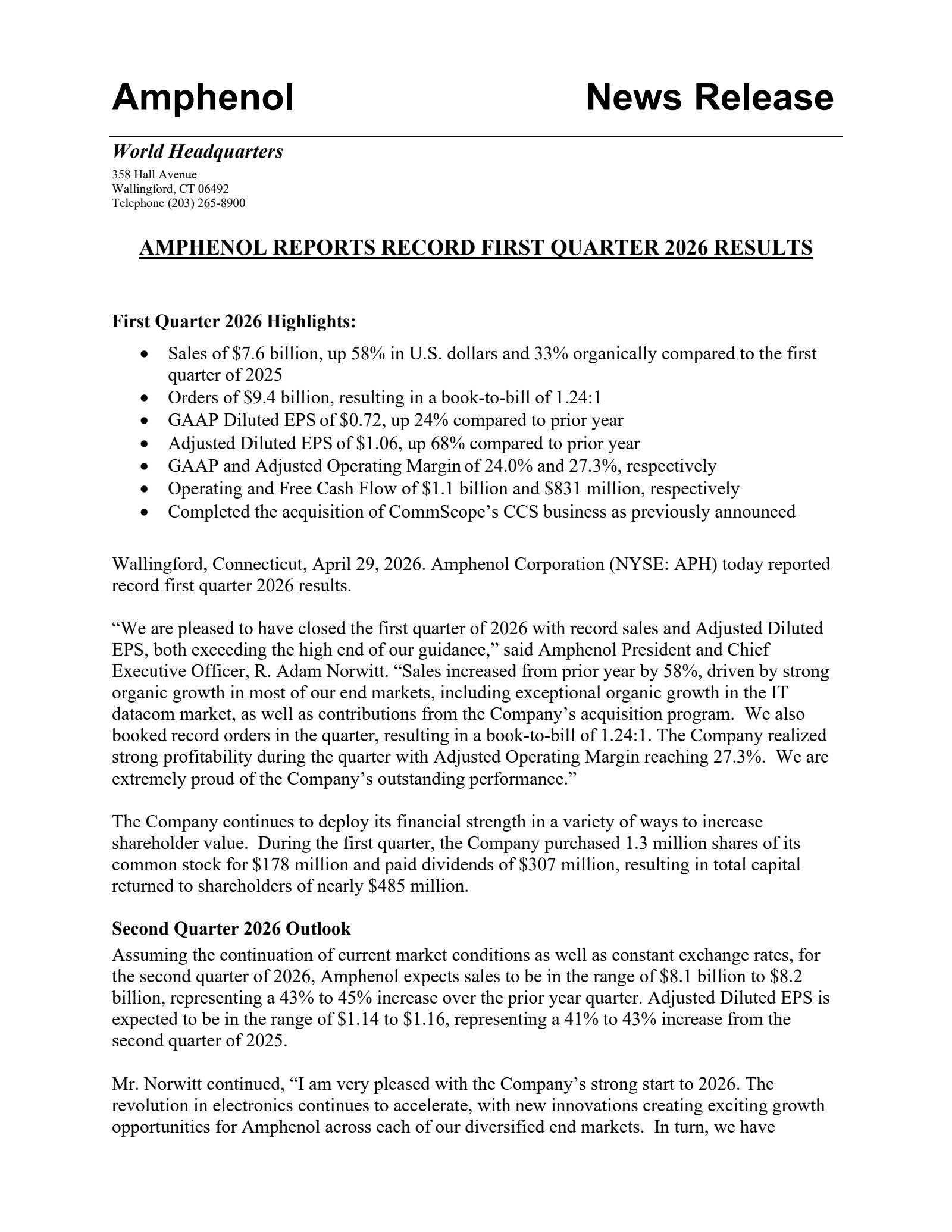Amphenol's Q1 2026 Press Release