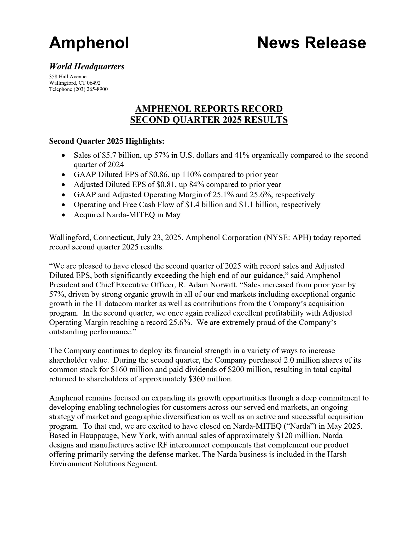 Amphenol's Q2 2025 Press Release