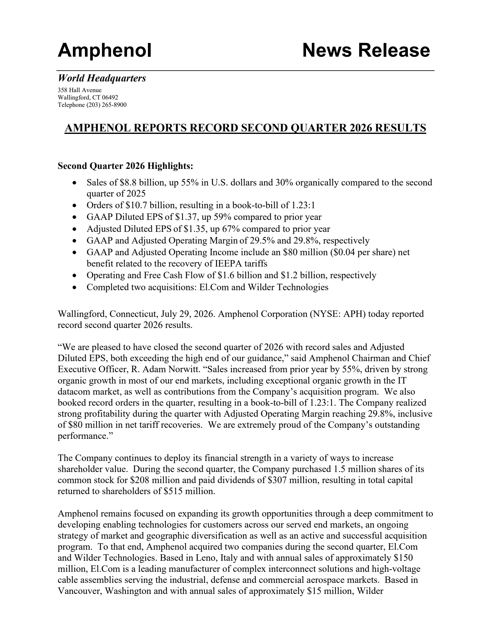 Amphenol's Q2 2026 Press Release