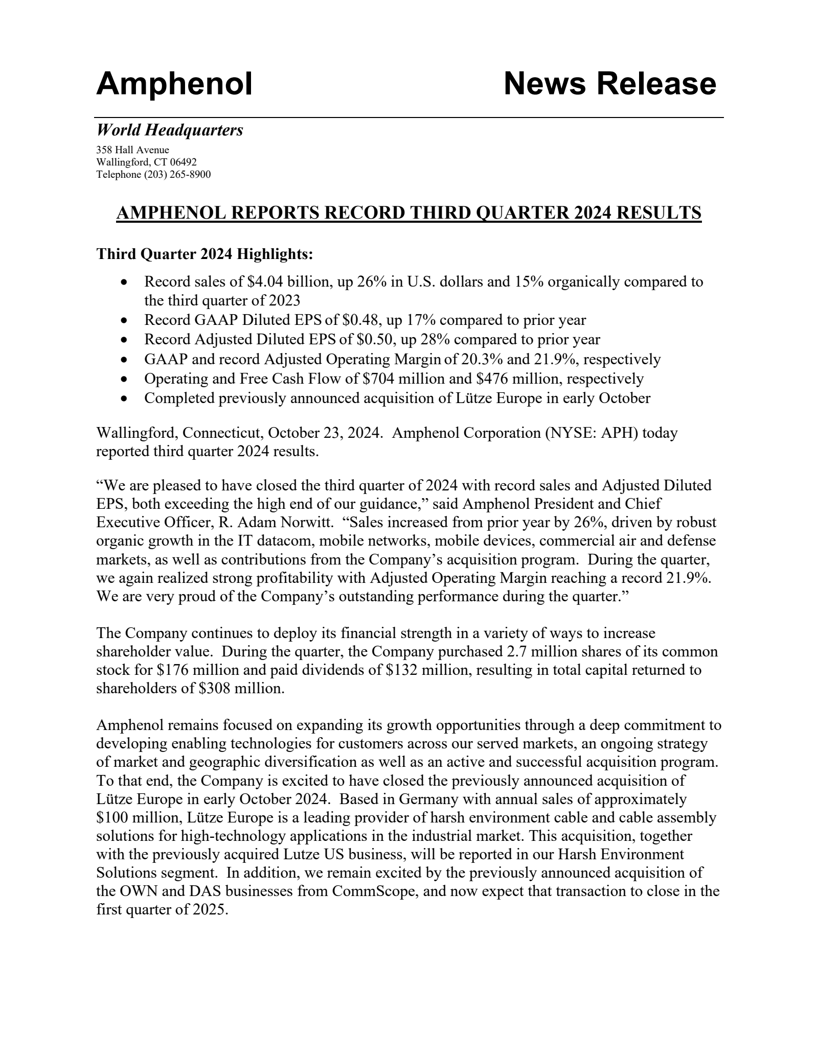 Amphenol's Q3 2024 Press Release