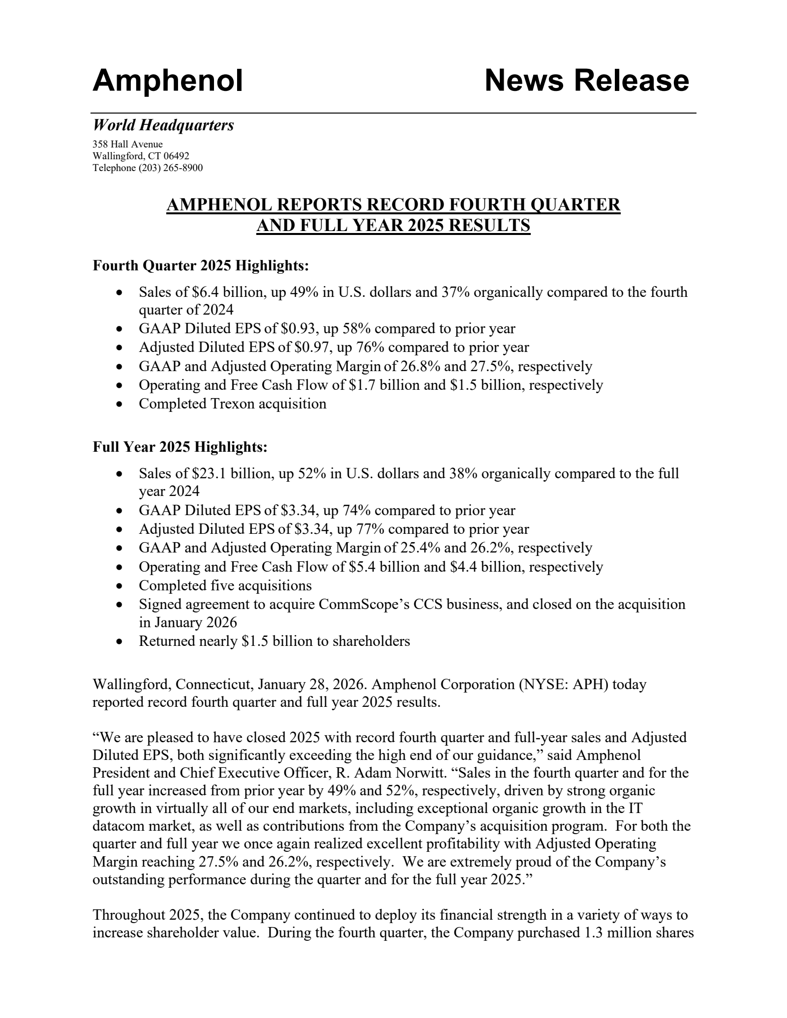 Amphenol's Q4 2025 Press Release