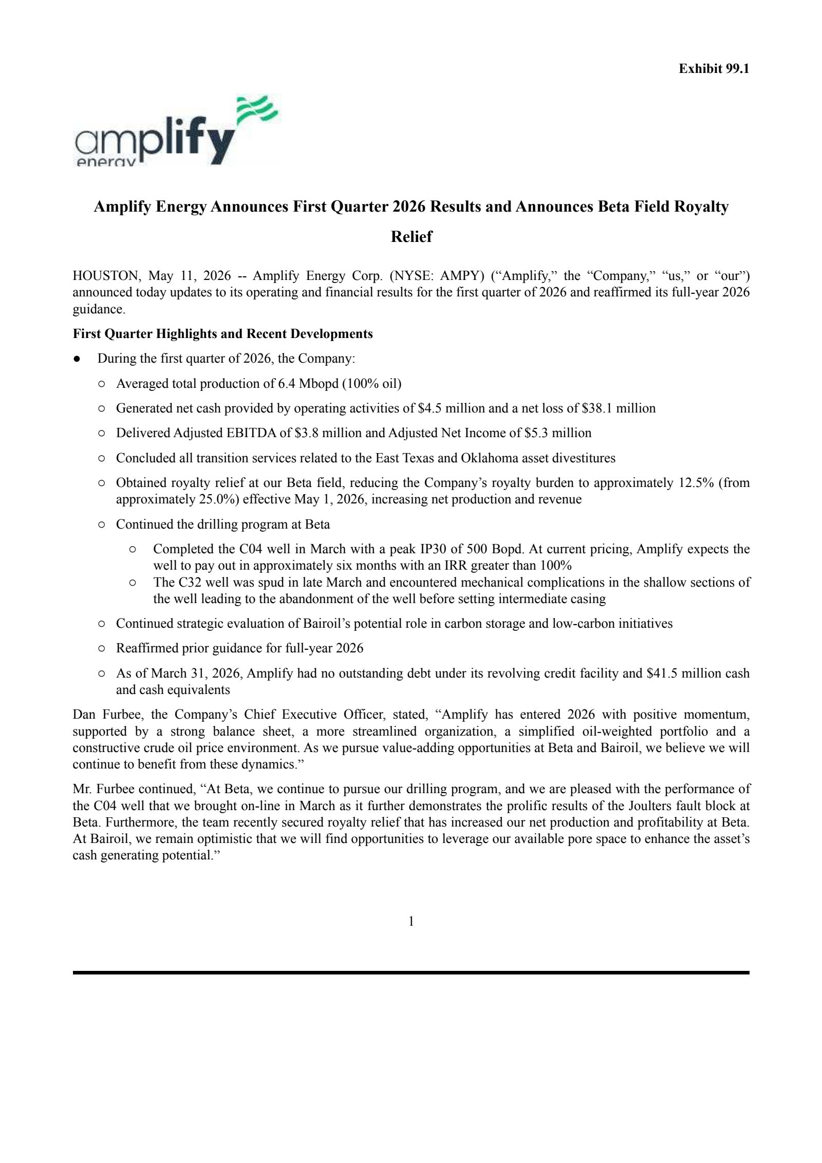 Amplify Energy's Q1 2026 Press Release