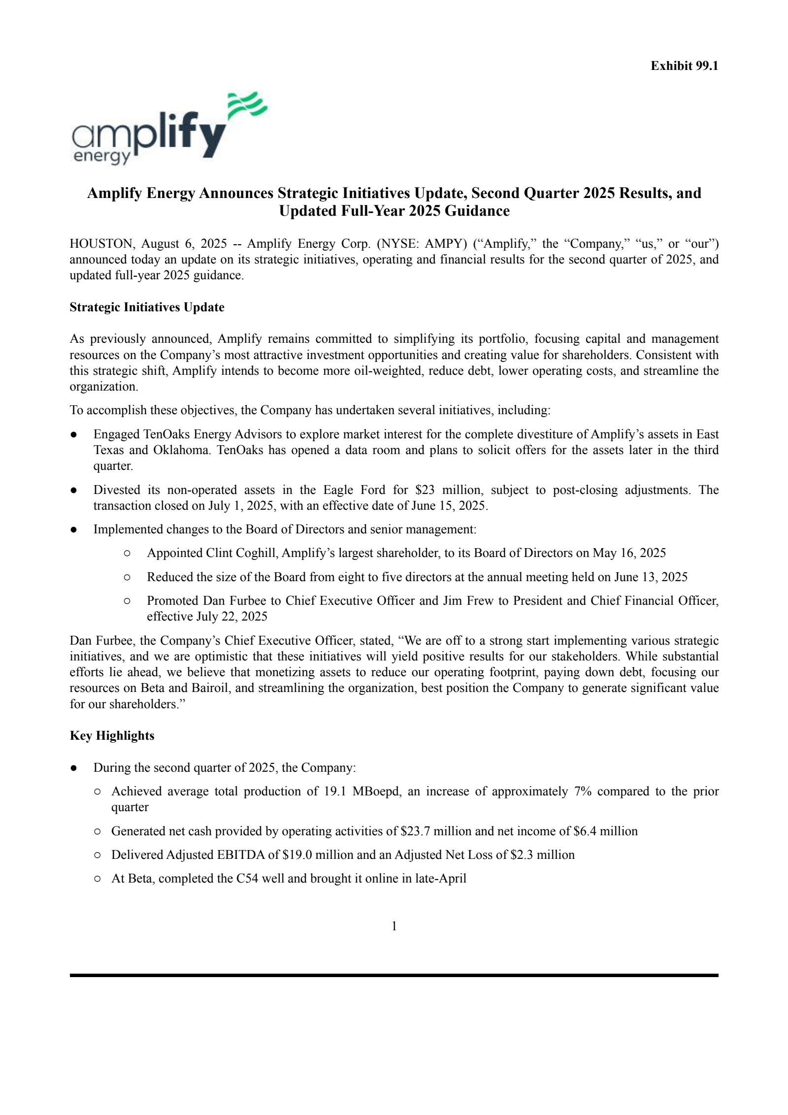 Amplify Energy's Q2 2025 Press Release