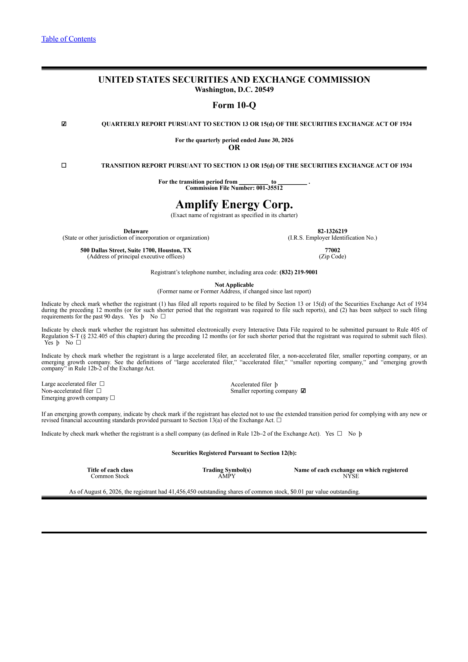 Amplify Energy's Q2 2026 Quarterly report