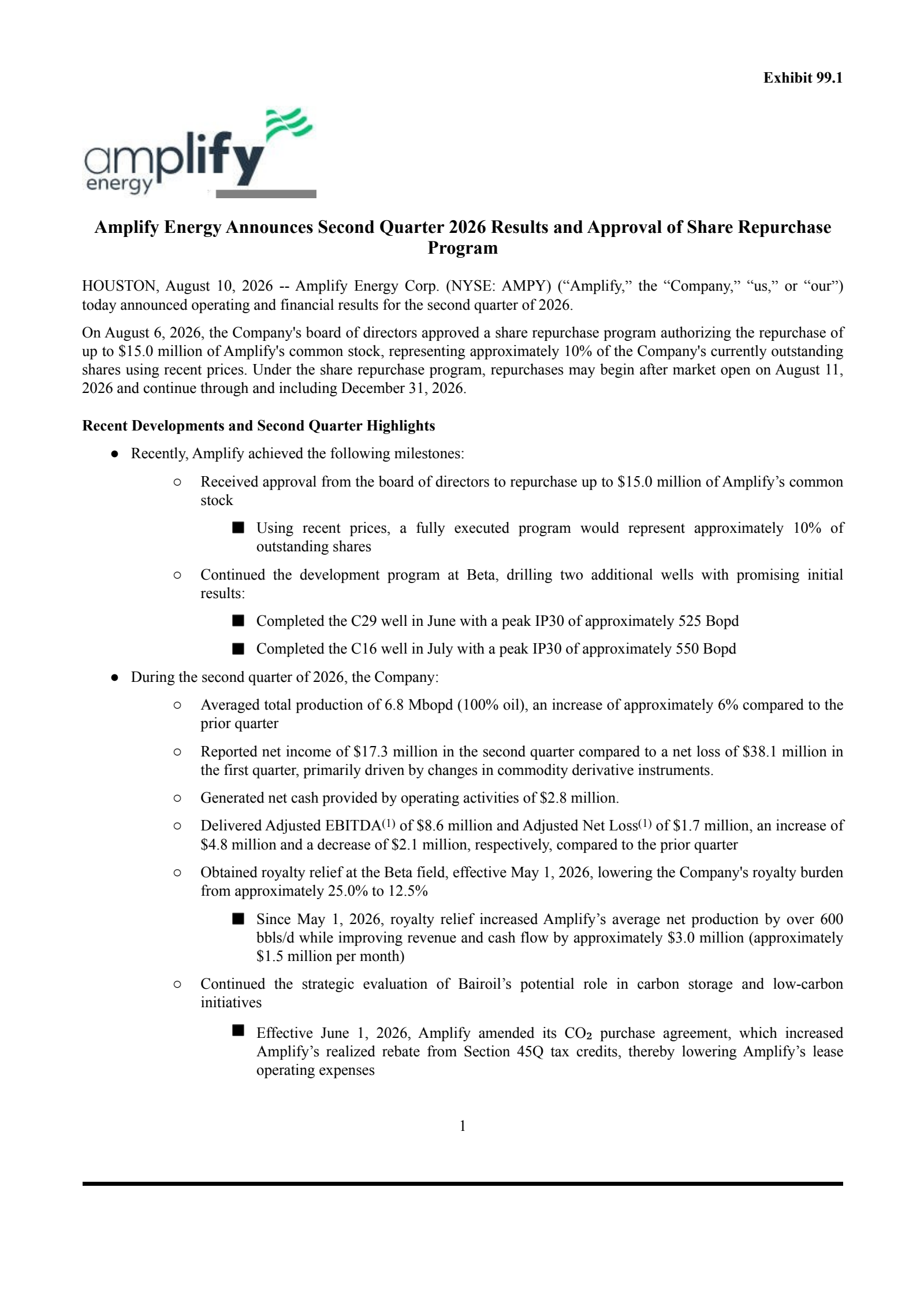 Amplify Energy's Q2 2026 Press Release