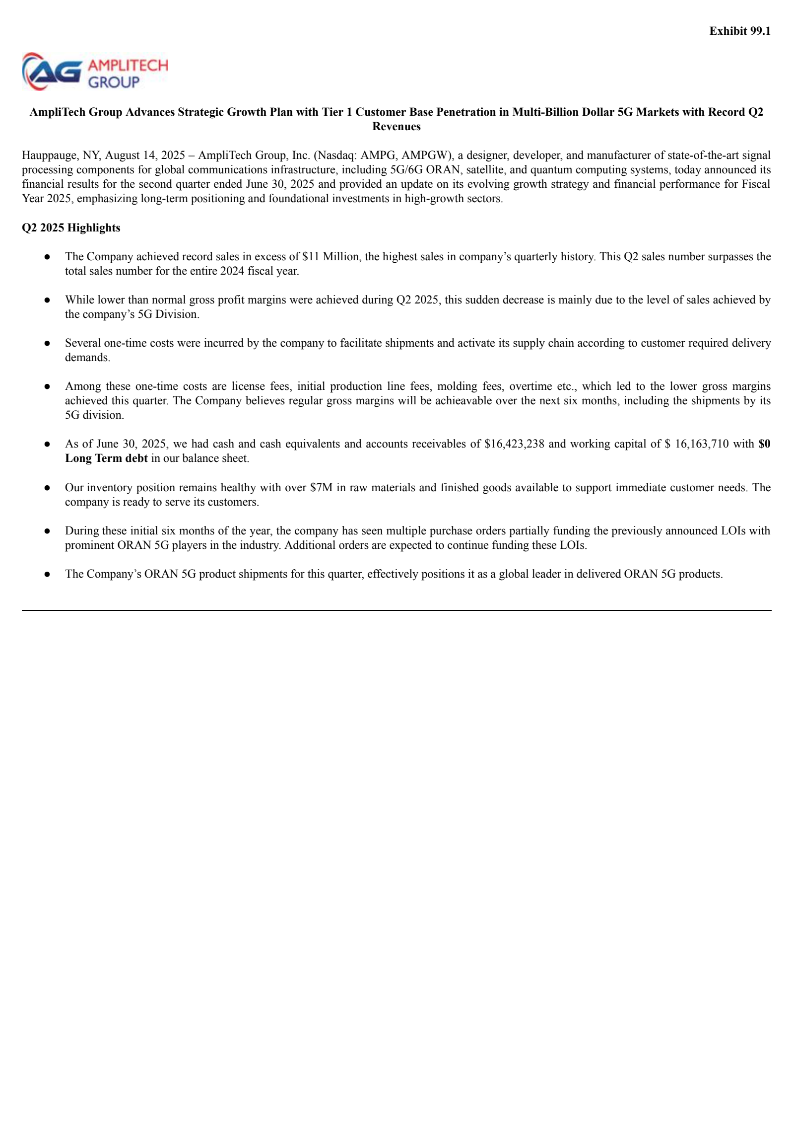 AmpliTech Group's Q2 2025 Press Release