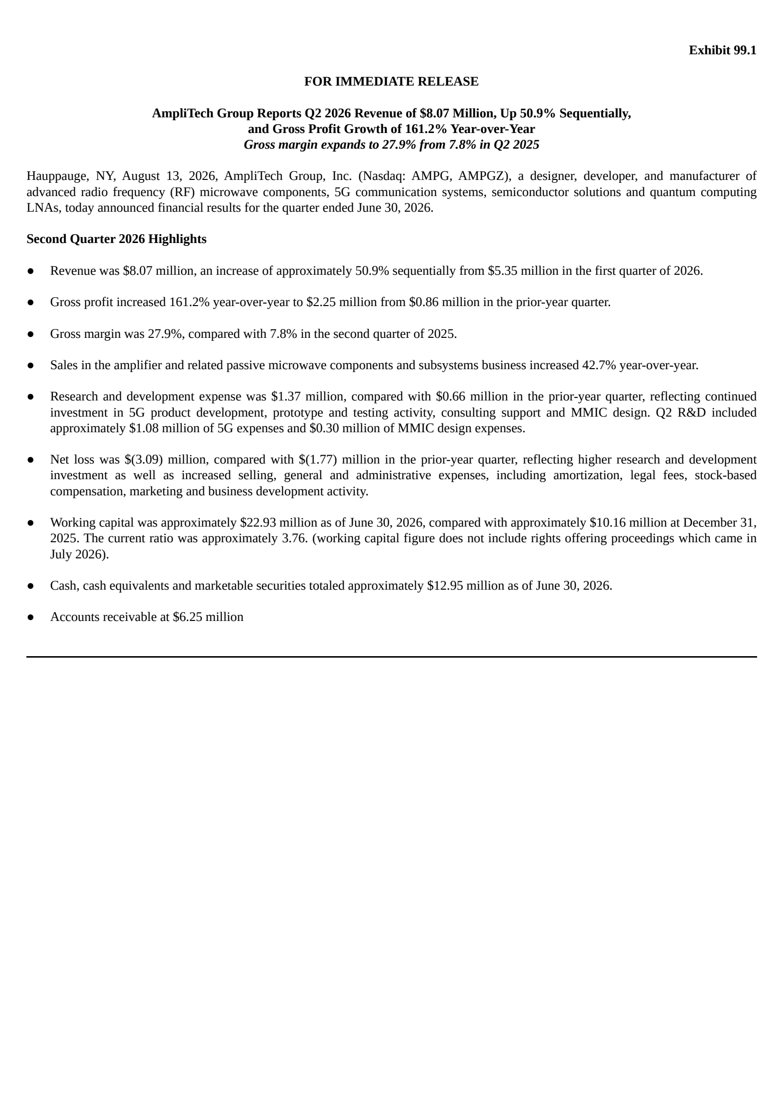 AmpliTech Group's Q2 2026 Press Release