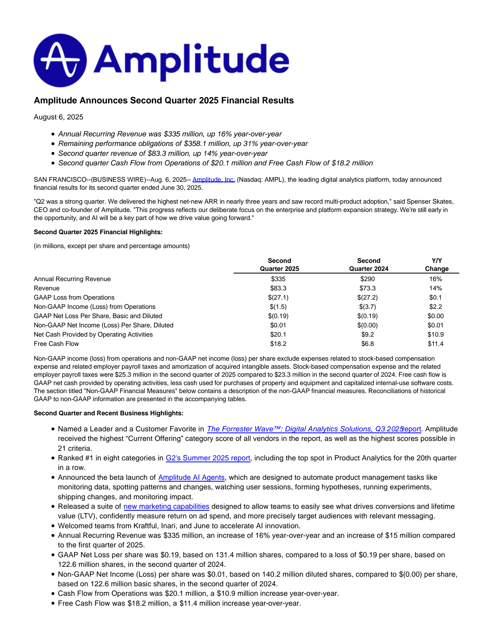 Amplitude's Q2 2025 Press Release