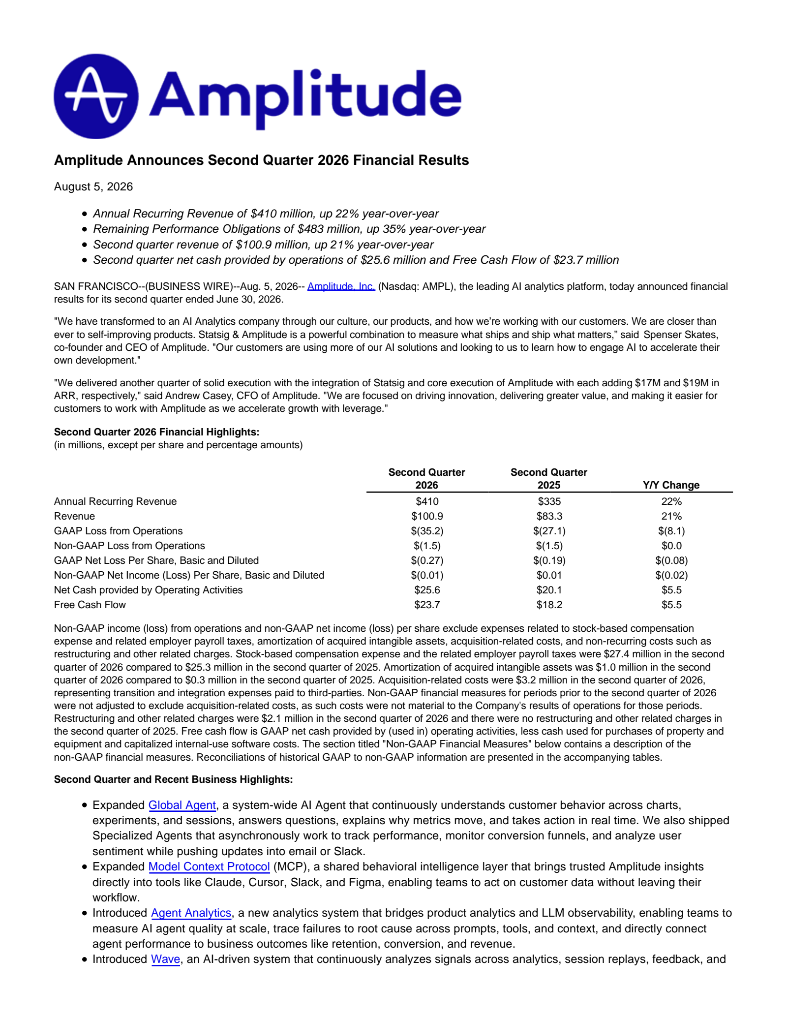 Amplitude's Q2 2026 Press Release