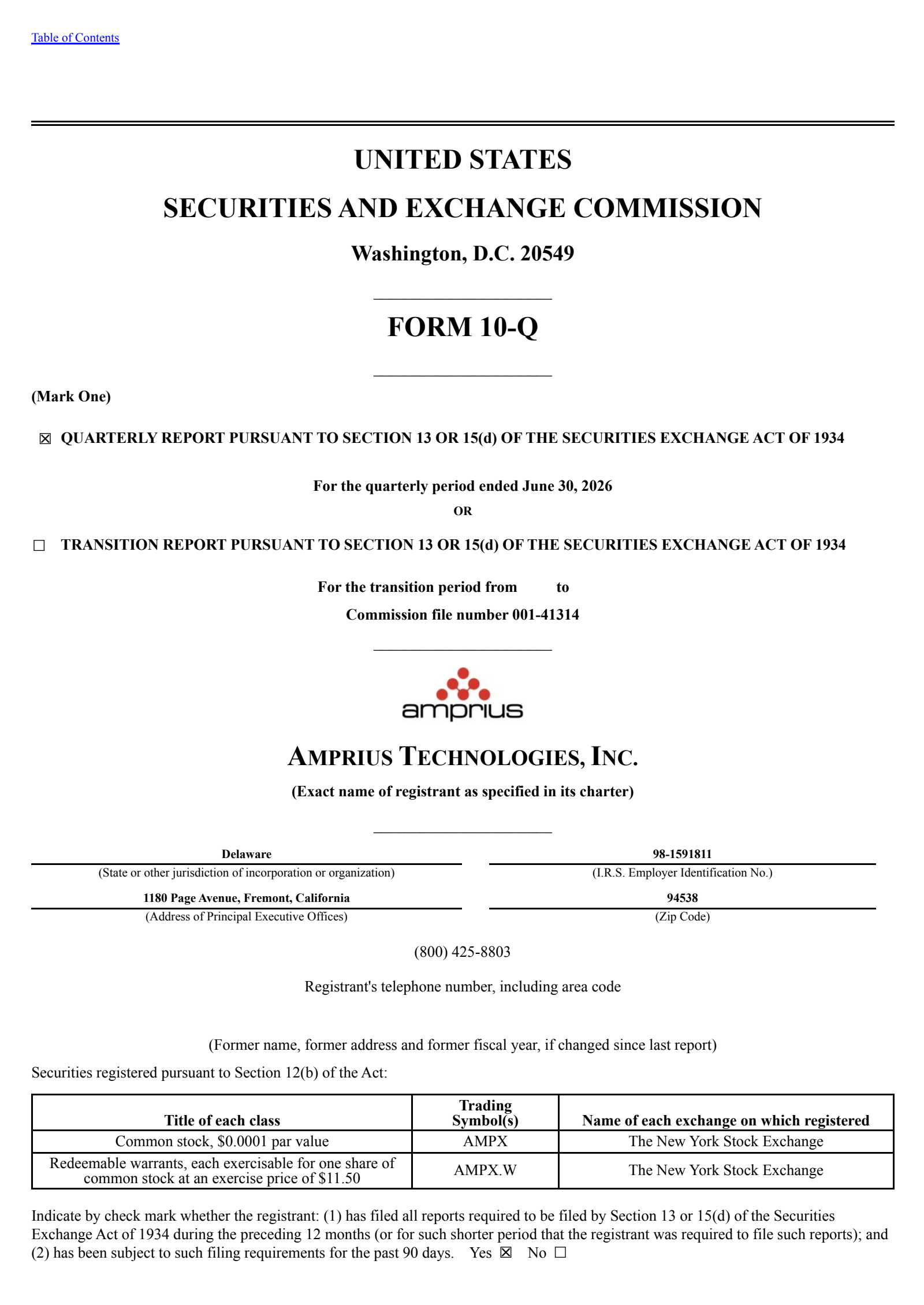 Amprius Technologies' Q2 2026 Quarterly report