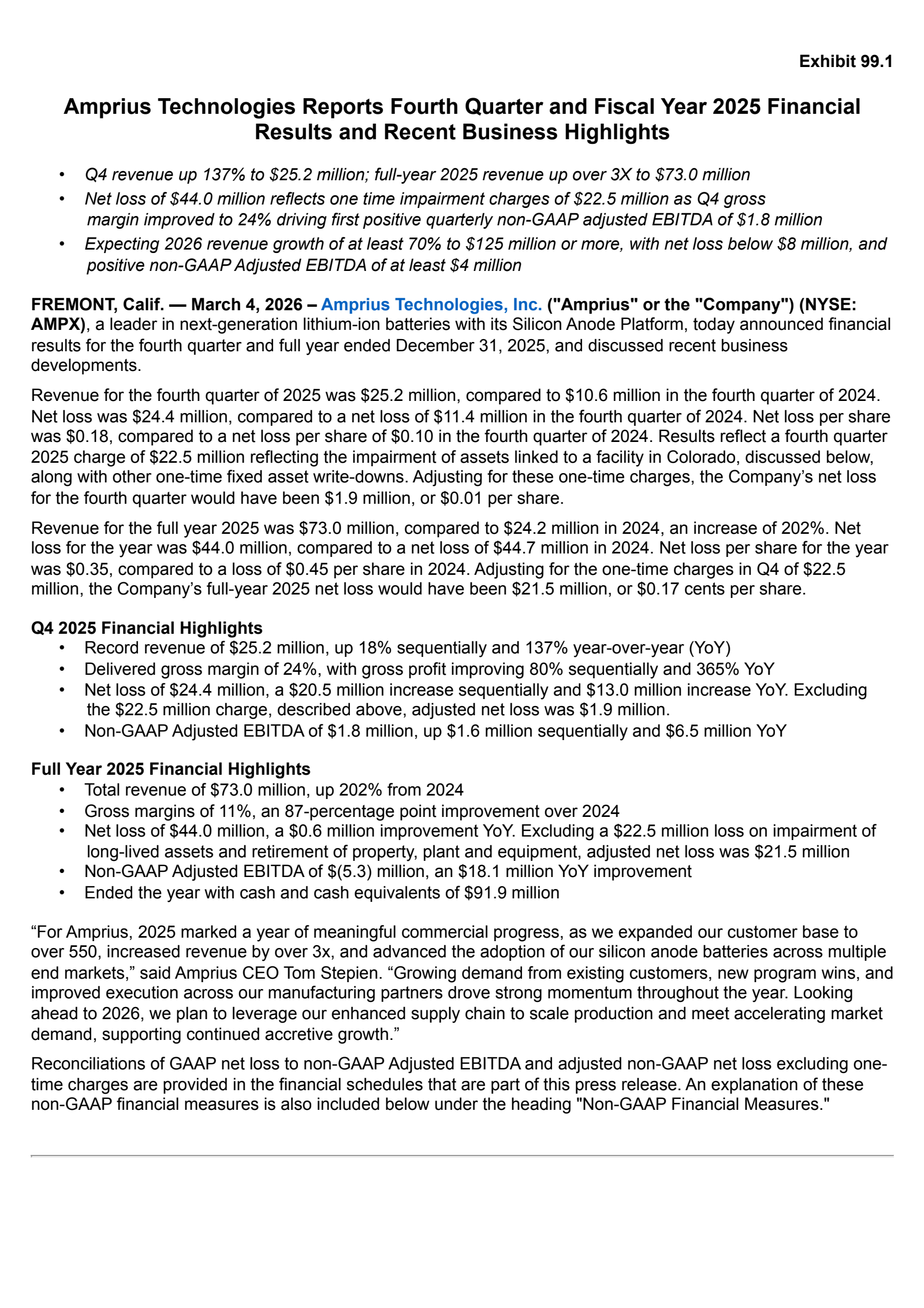 Amprius Technologies' Q4 2025 Press Release