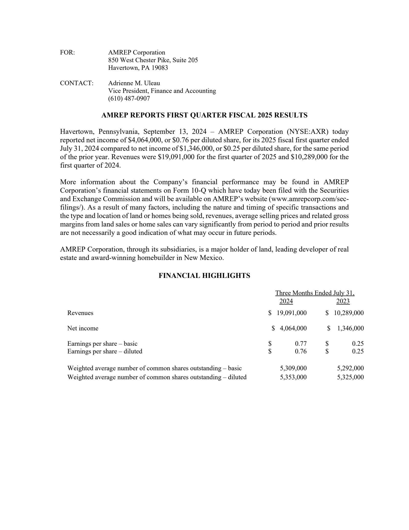 AMREP's Q1 2025 Press Release