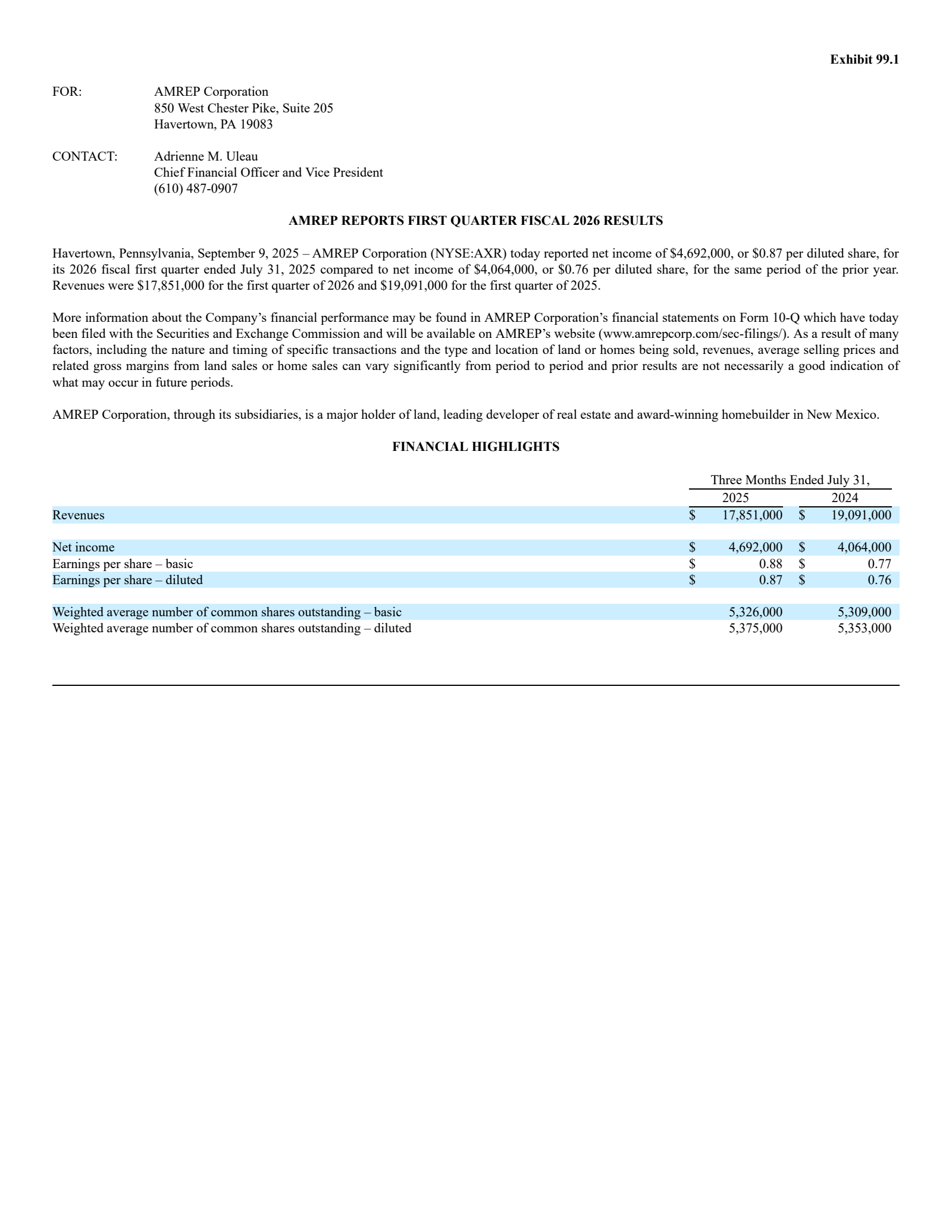 AMREP's Q1 2026 Press Release