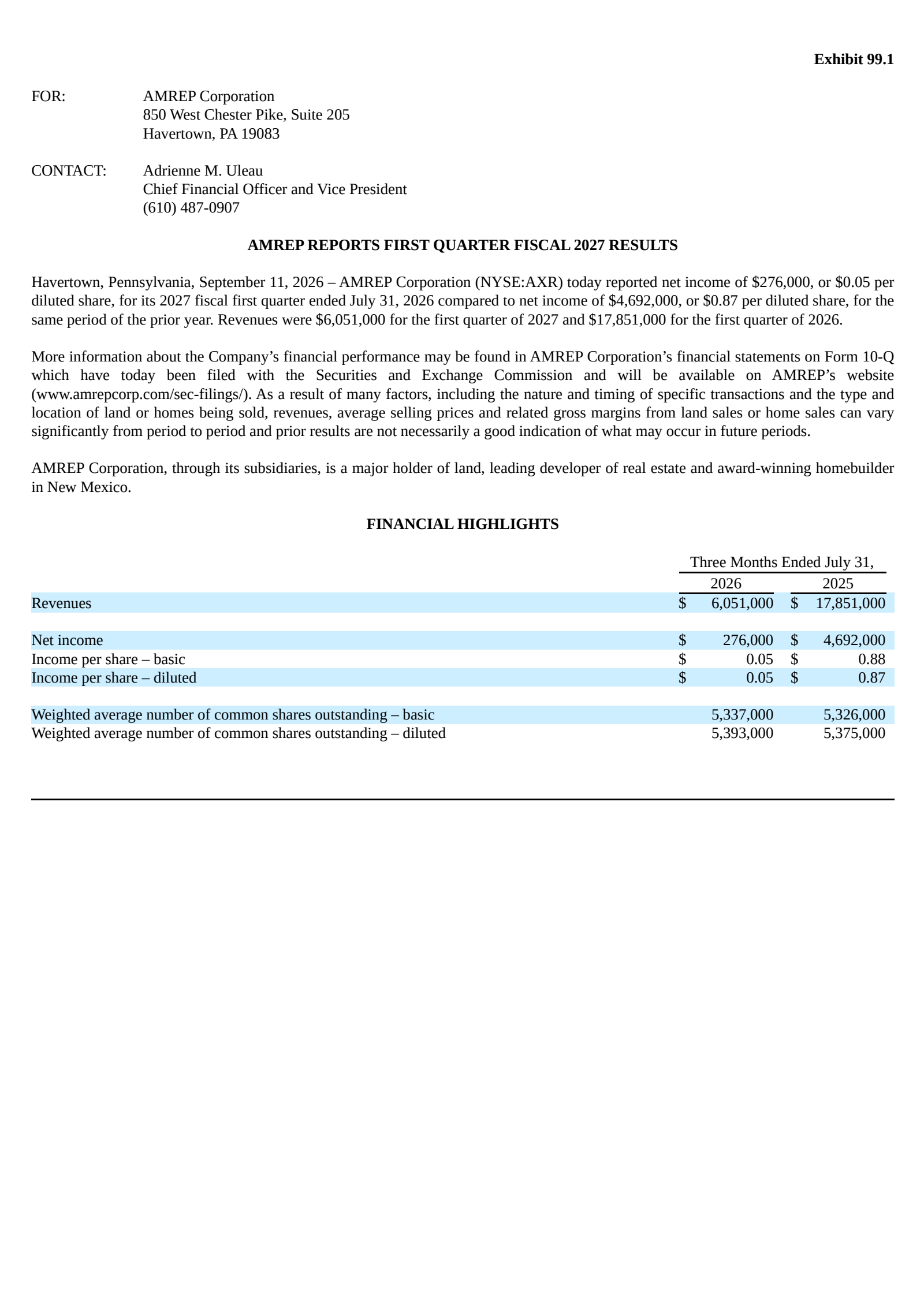 AMREP's Q1 2027 Press Release