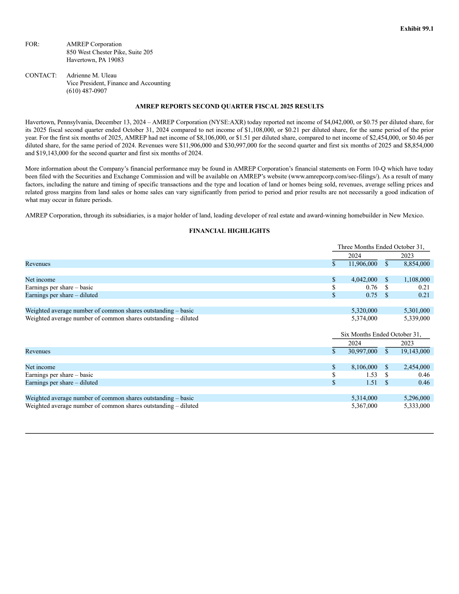 AMREP's Q2 2025 Press Release