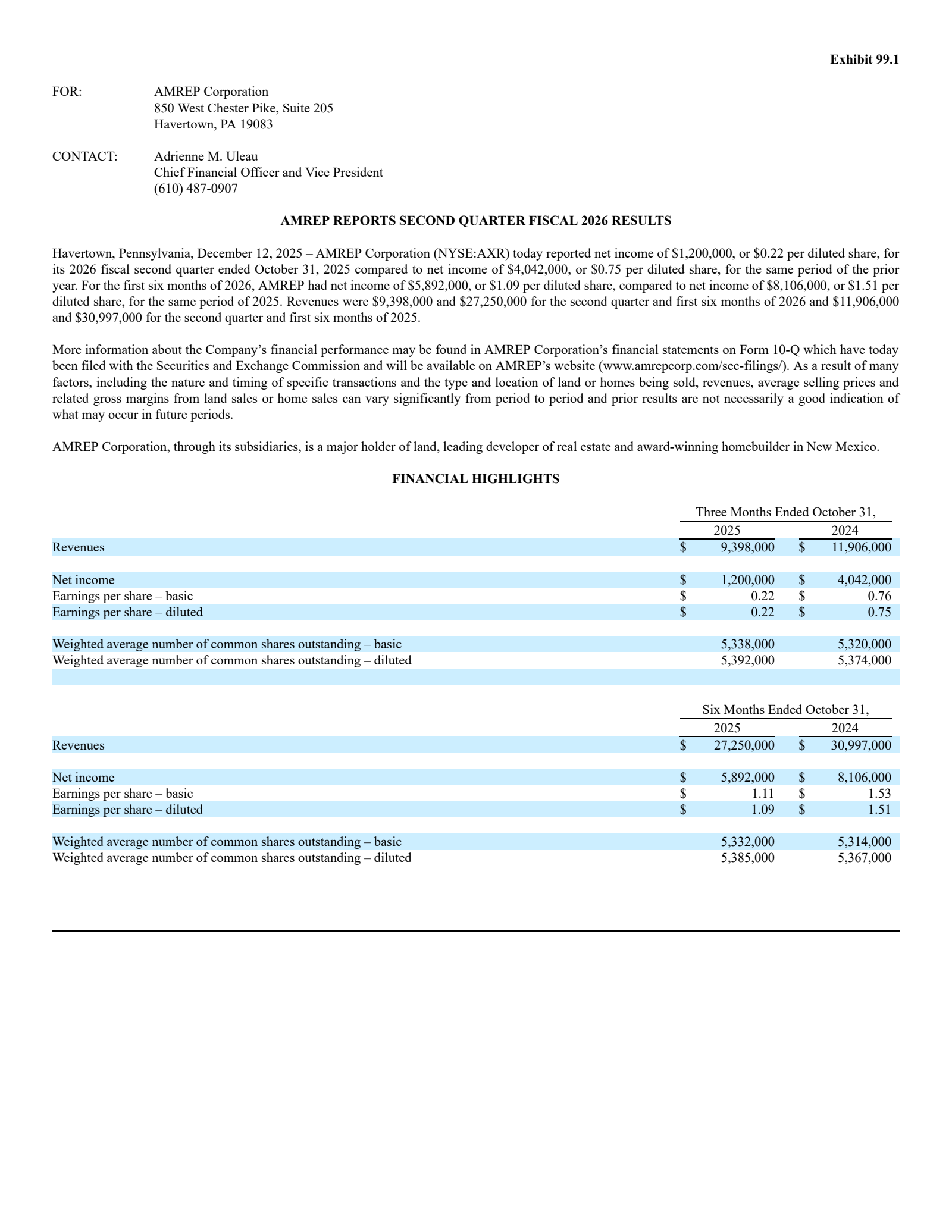 AMREP's Q2 2026 Press Release