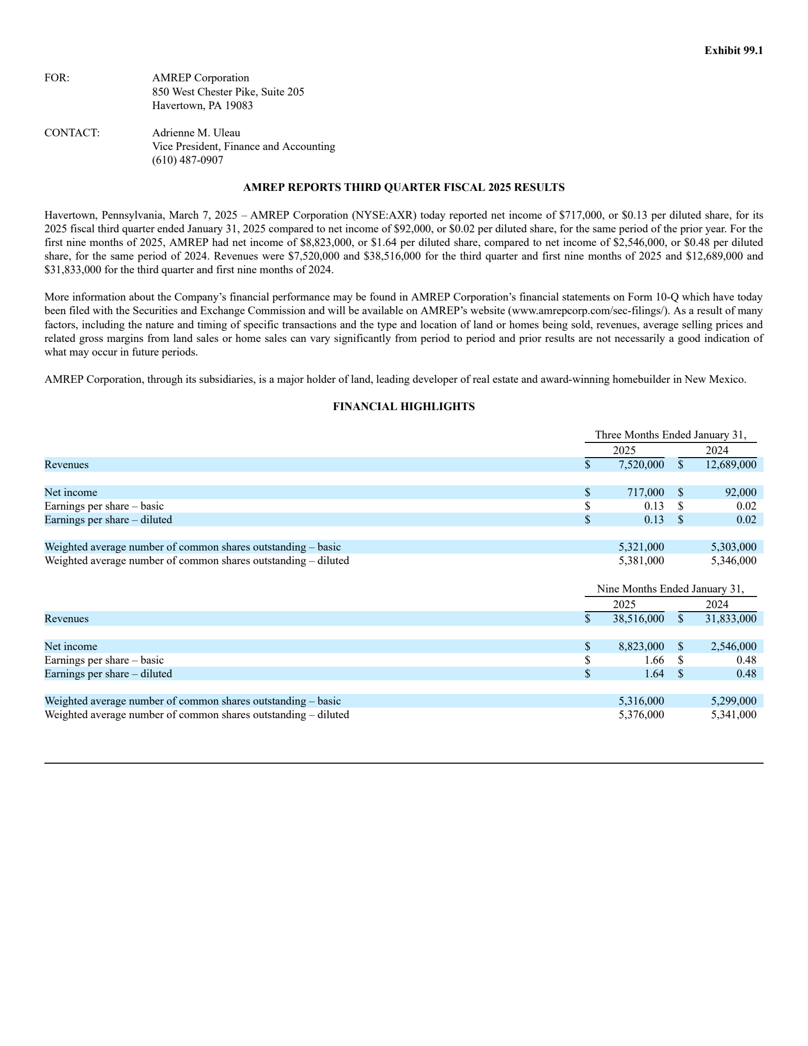 AMREP's Q3 2025 Press Release