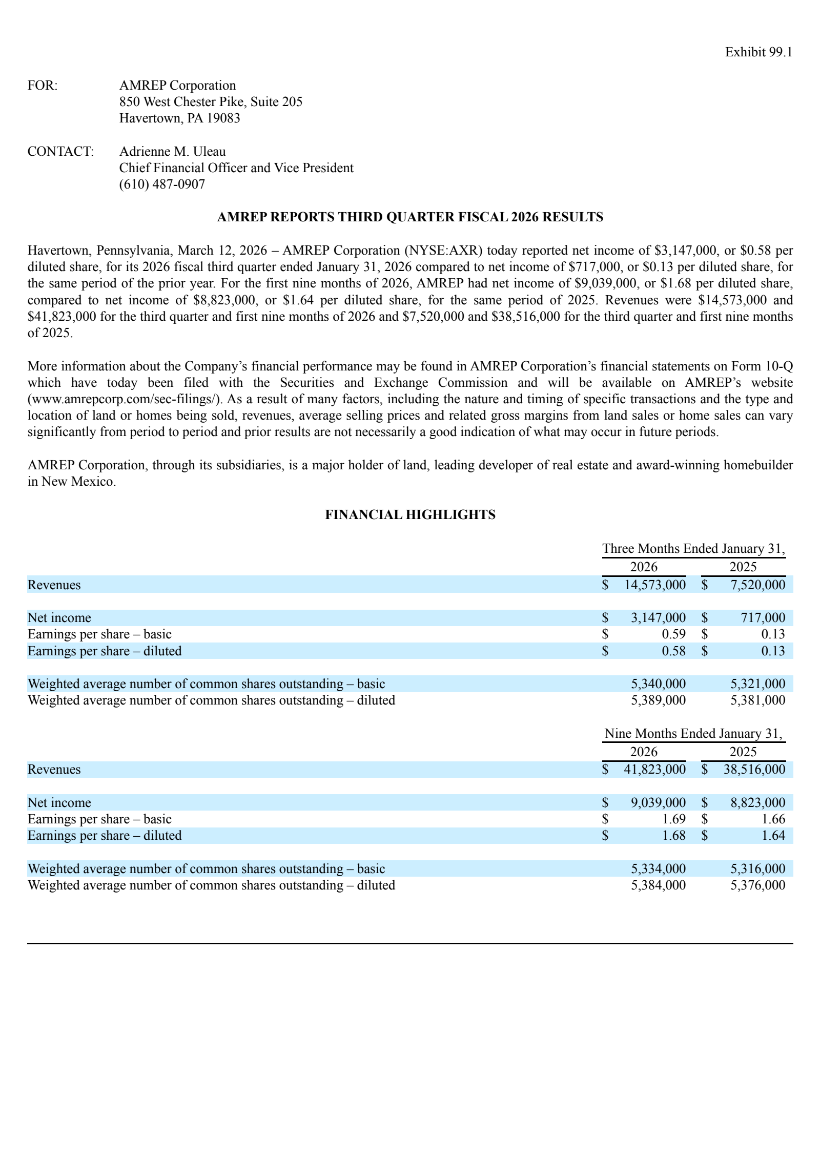 AMREP's Q3 2026 Press Release
