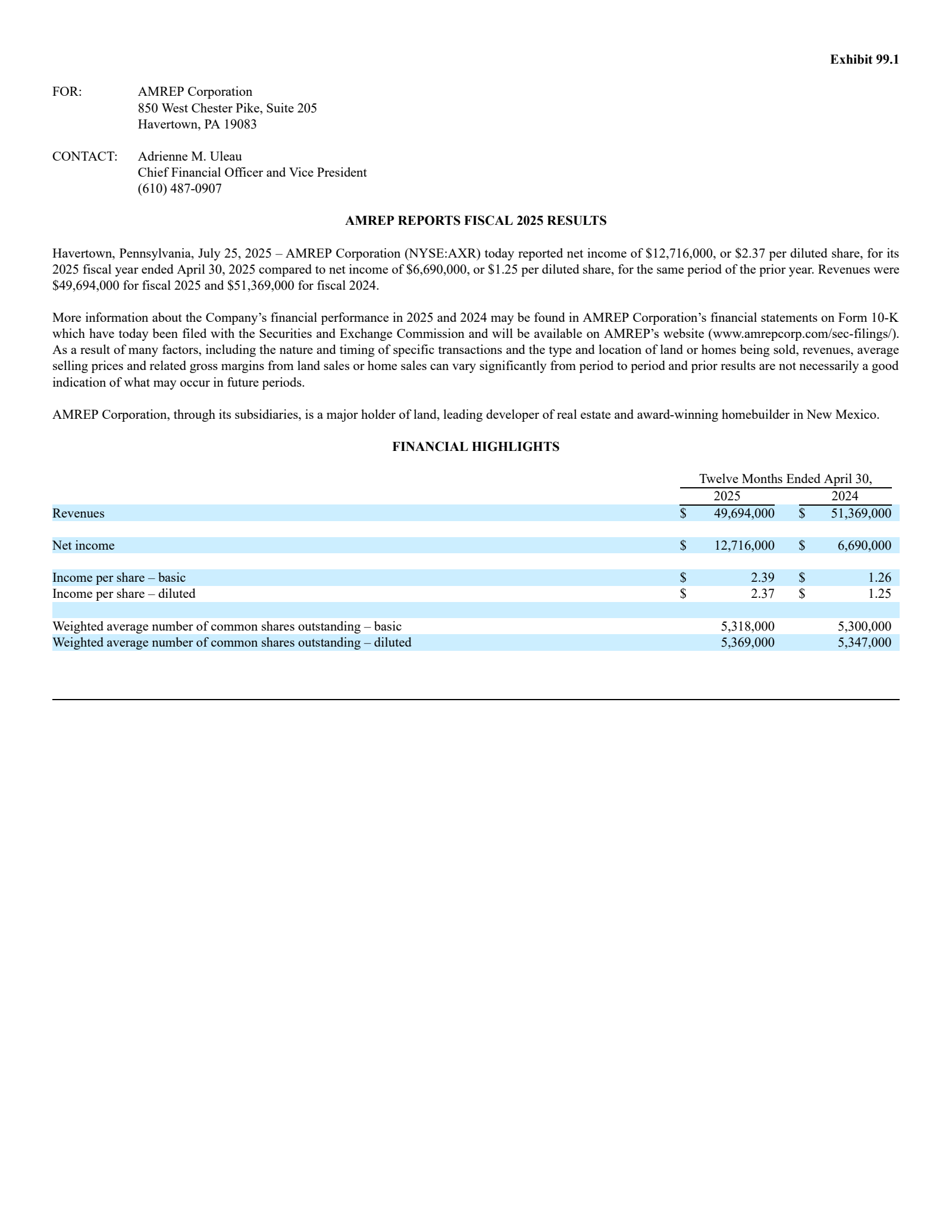 AMREP's Q4 2025 Press Release