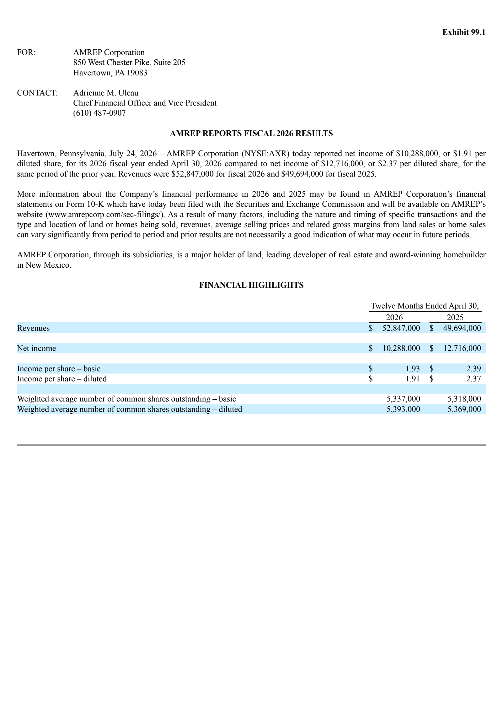 AMREP's Q4 2026 Press Release