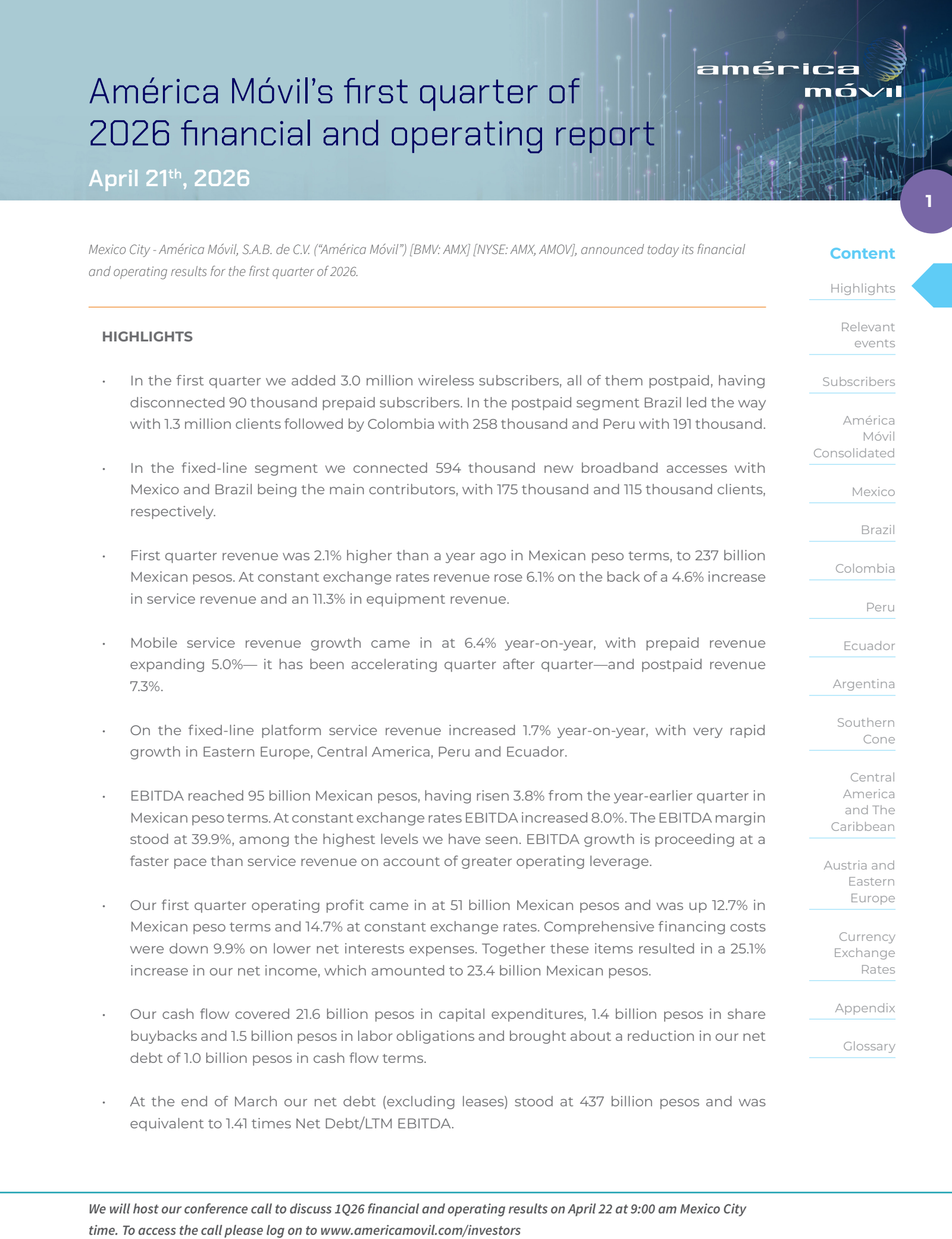 America Movil's Q1 2026 Press Release