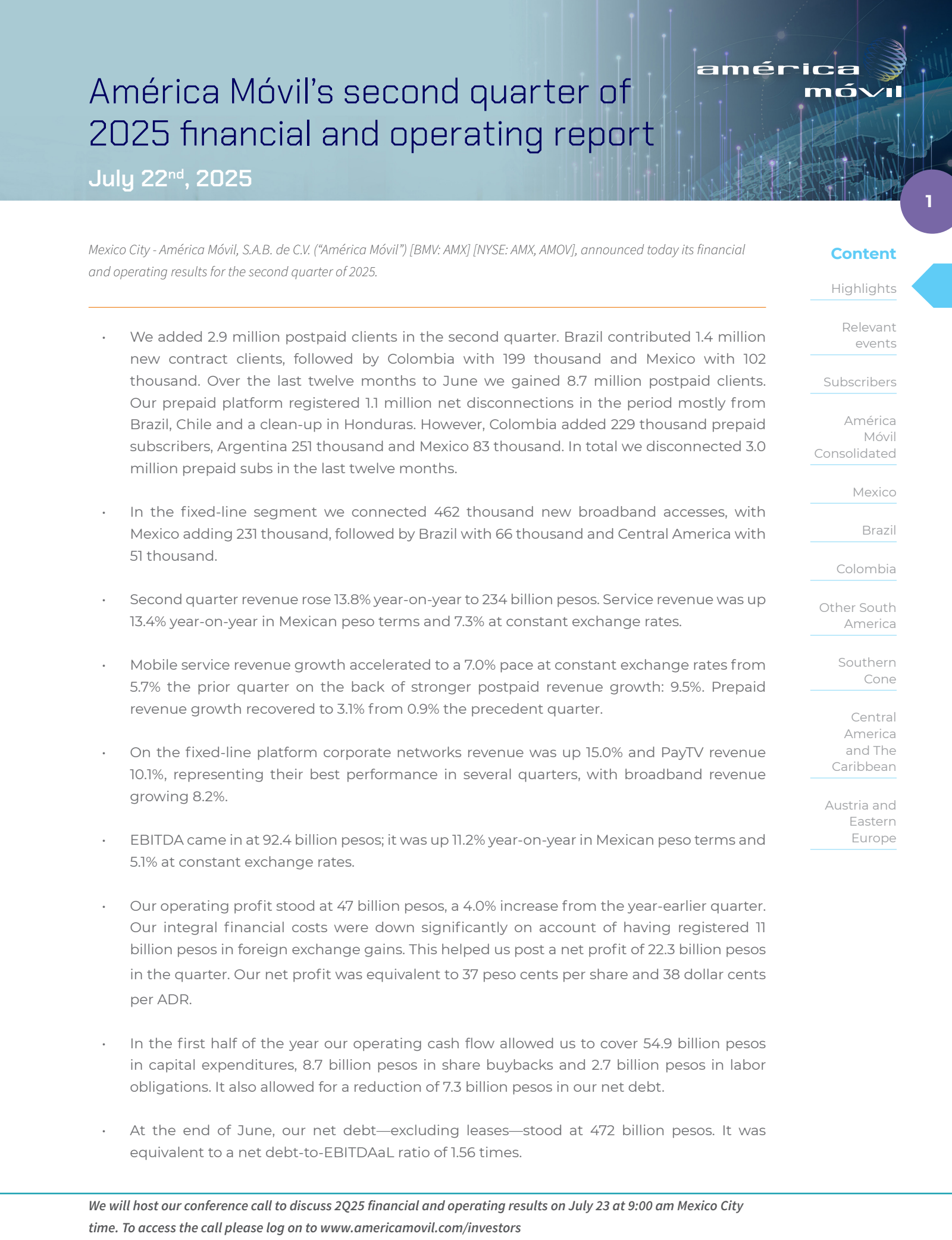 America Movil's Q2 2025 Press Release